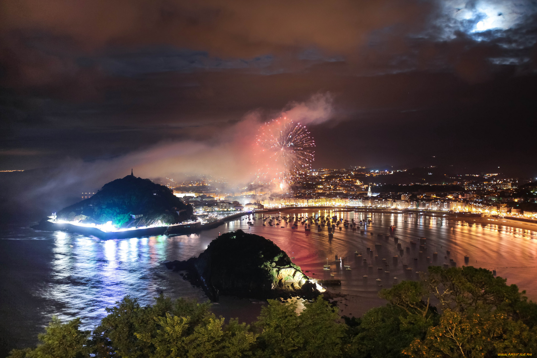 города, -, огни, ночного, города, фейерверк, город, огни, ночь