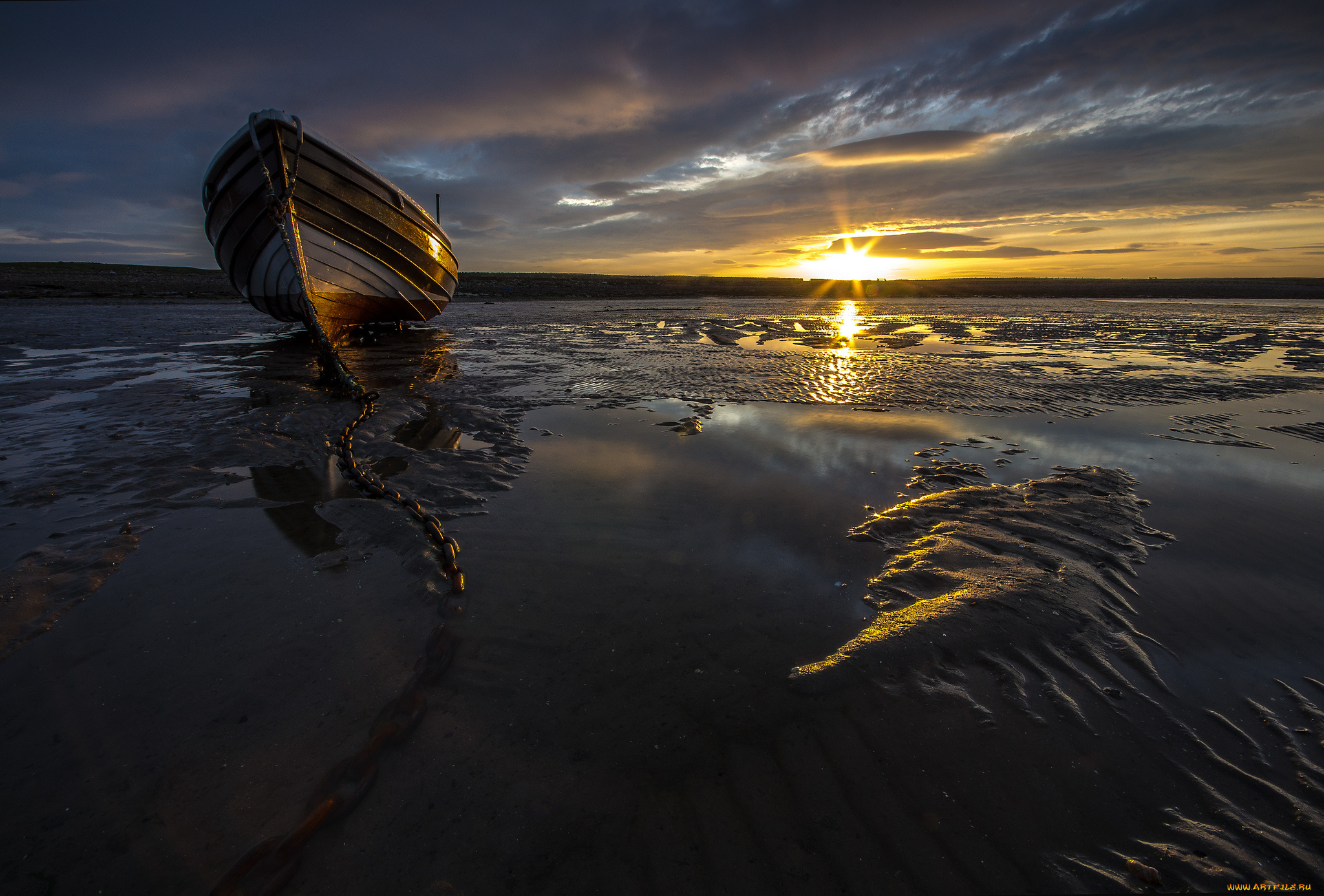 корабли, лодки, , шлюпки, океан, закат, отлив, пляж, цеть, шлюпка