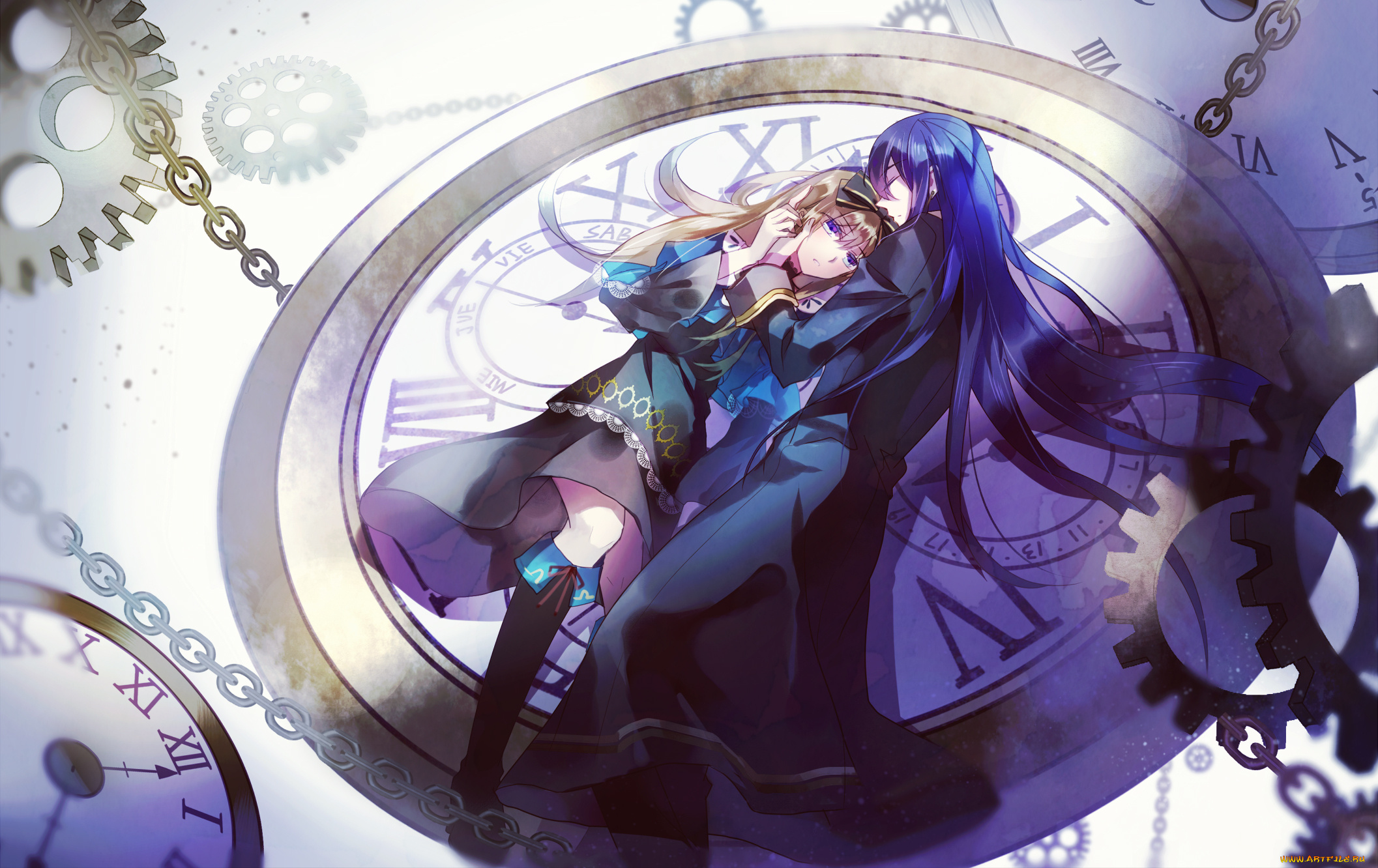 аниме, alice, in, wonderland, цепи, шестеренки, парень, девушка, часы, бант