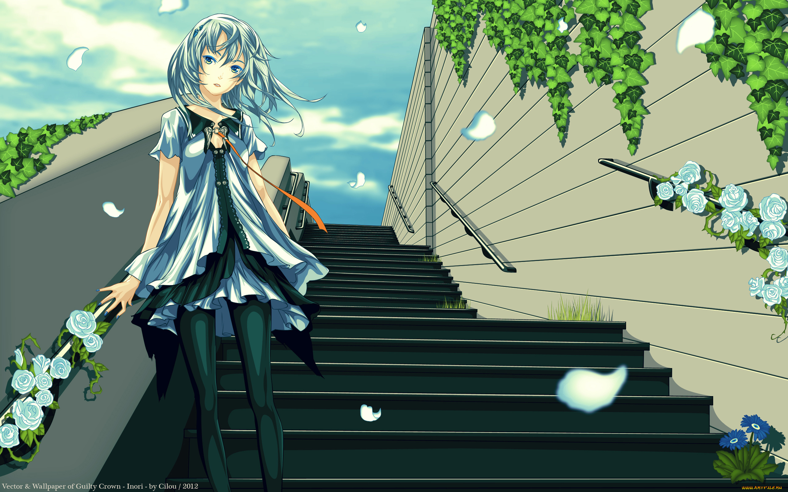 by, cilou, аниме, beatless, небо, зелень, лепестки, ветер, девушка, lacia, цветы, лестница, облака, розы, redjuice