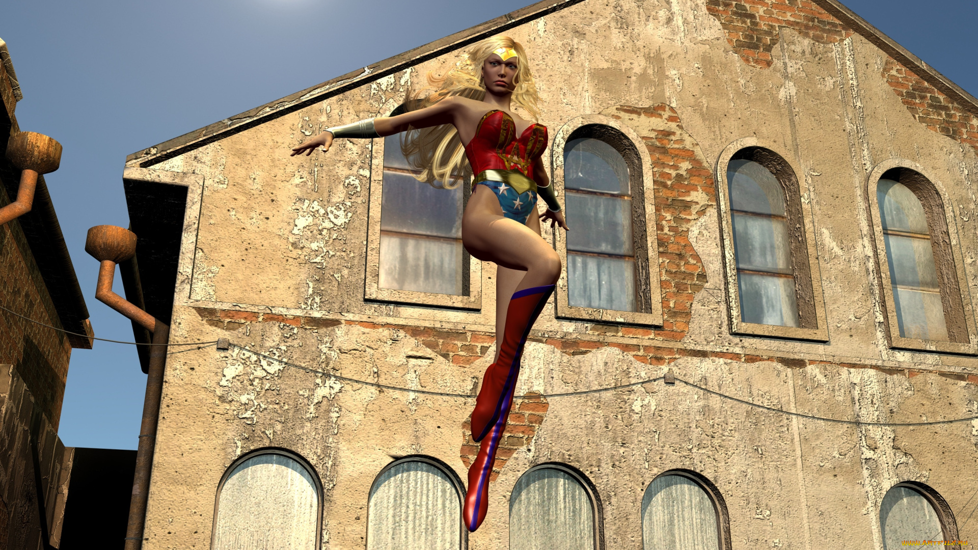 3д, графика, фантазия, , fantasy, девушка, полет, супермен, фон, взгляд