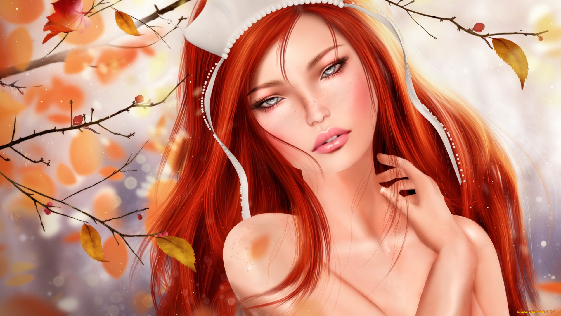 3д, графика, люди, , people, рыжая, девушка, листья, осень