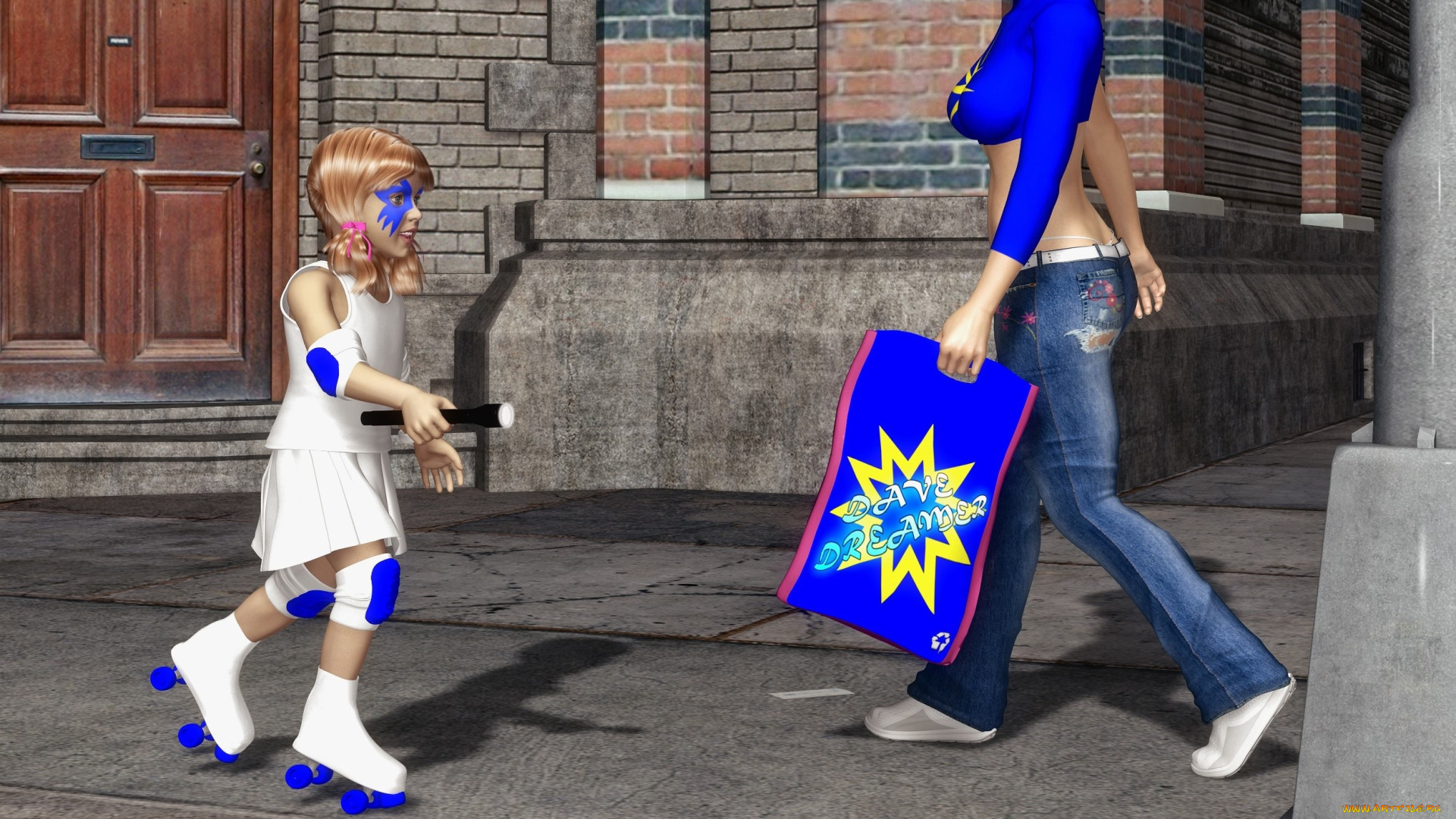 3д, графика, люди, , people, улица, фон, взгляд, девушка, ребенок