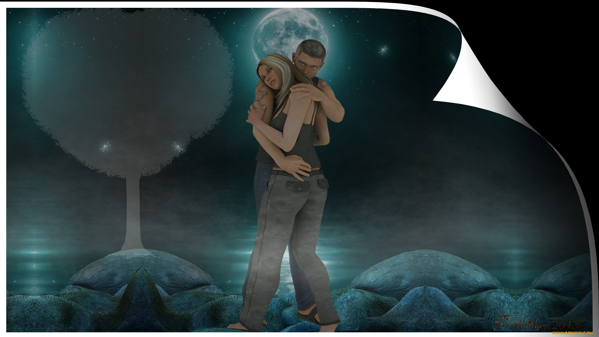 3д, графика, романтика, , romantics, луна, парень, фон, взгляд, девушка