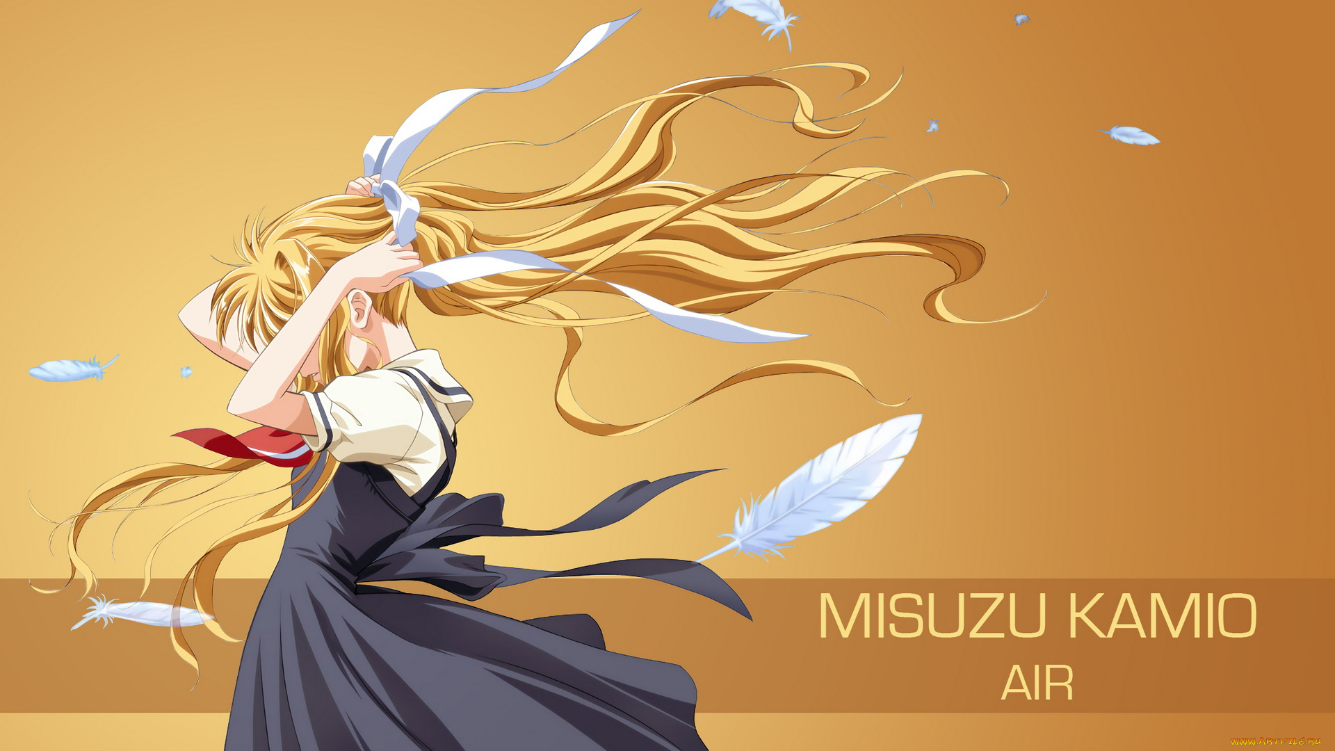 аниме, air, фон, взгляд, девушка, волосы, ленты, перья