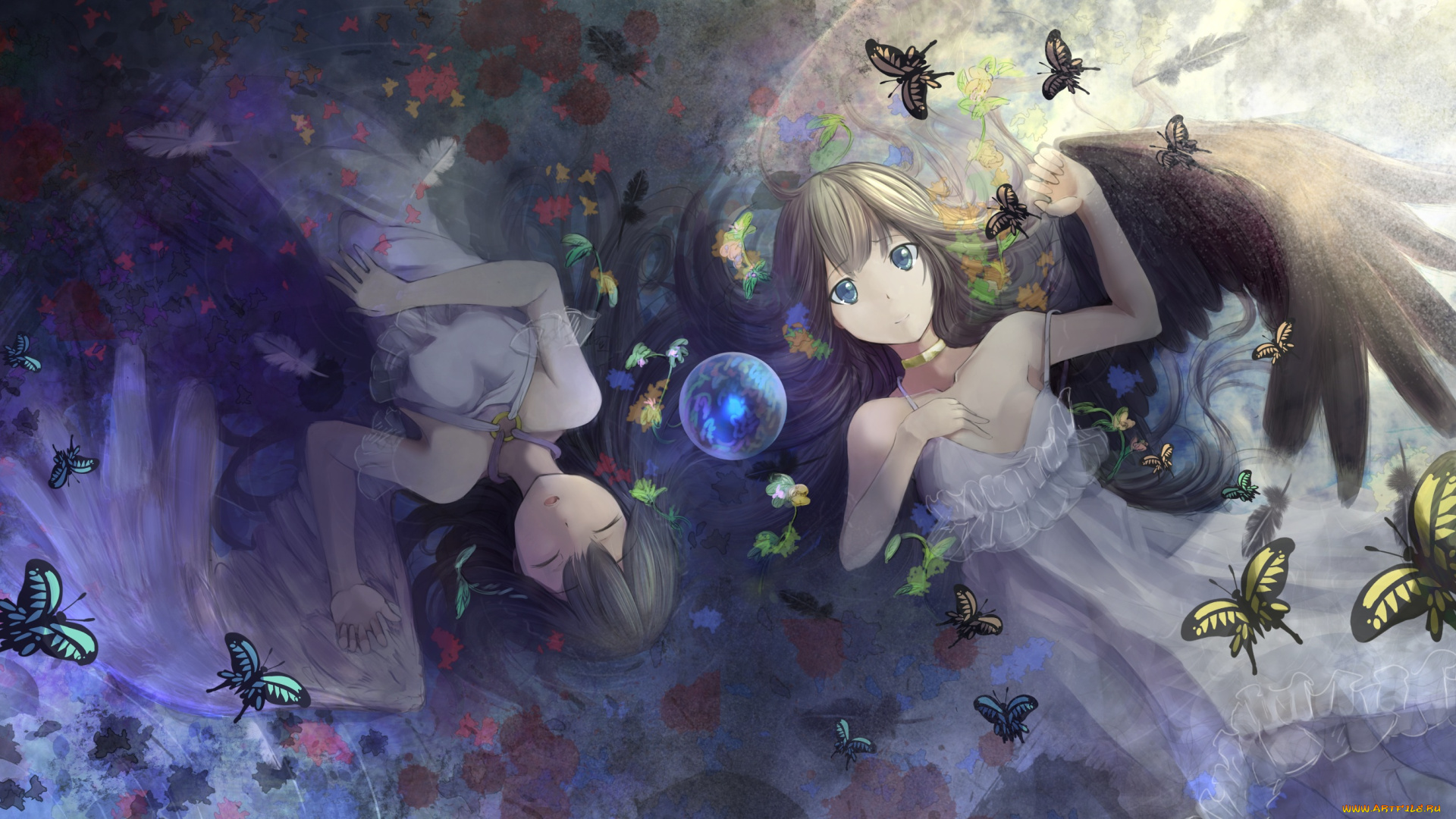 аниме, ангелы, , демоны, бабочки, девочки, арт, koroneko, p0w0q