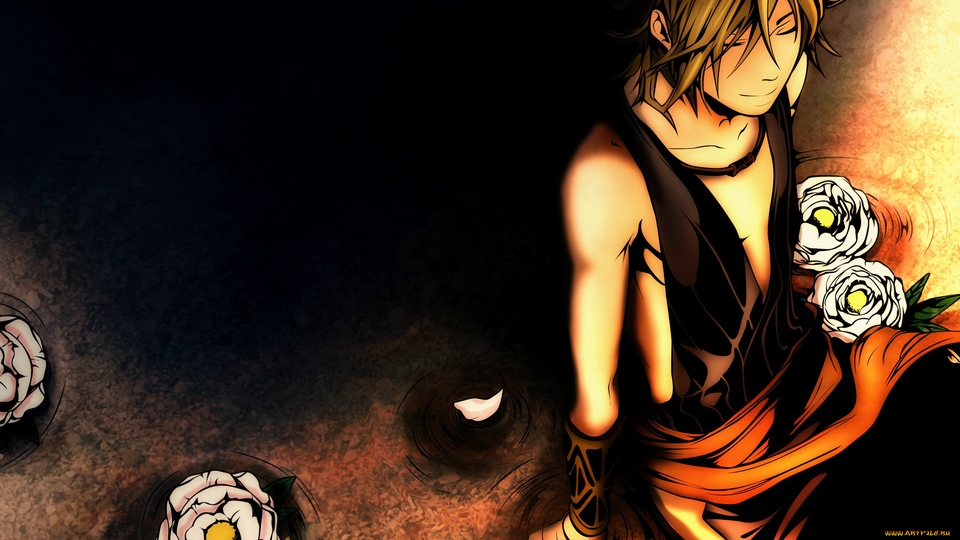 аниме, donten, ni, warau, камелии, парень, hirari, abeno, visual, novel, kemuri, karakara, art, черный, фон, donten, ni, warau