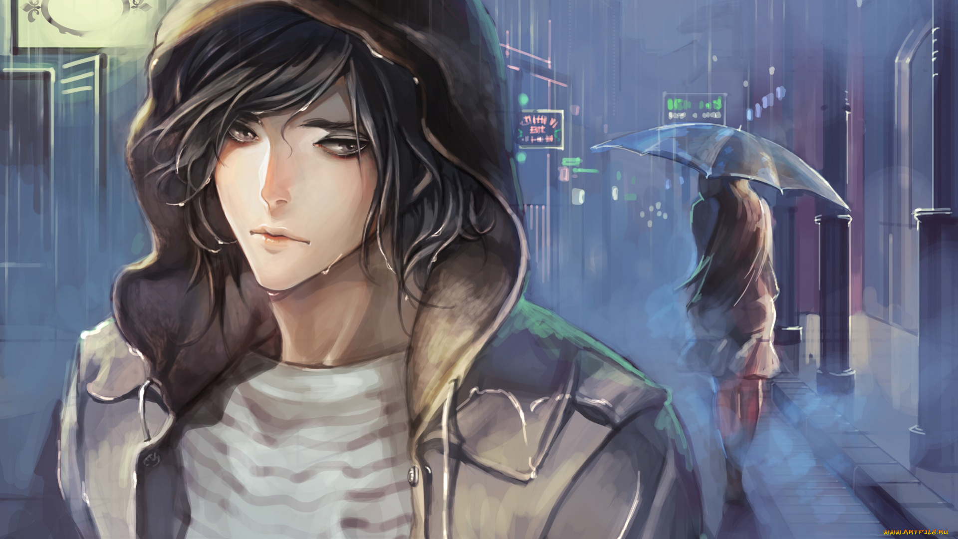 аниме, город, , улицы, , здания, девушка, парень, улица, дождь, зонт, капюшон, арт