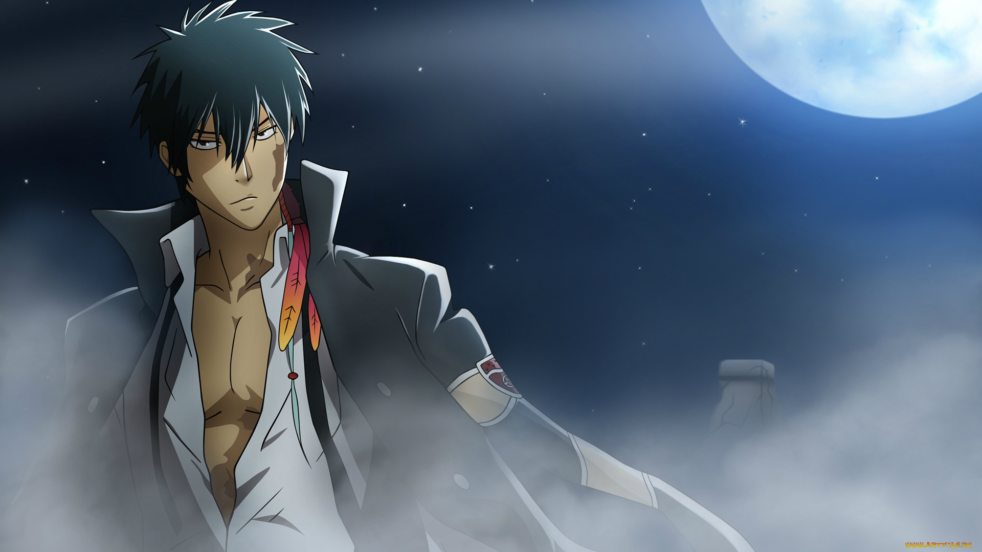 аниме, katekyo, hitman, reborn, туман, луна, перья, xanxus, katekyo, hitman, reborn, amano, akira, art, звезды