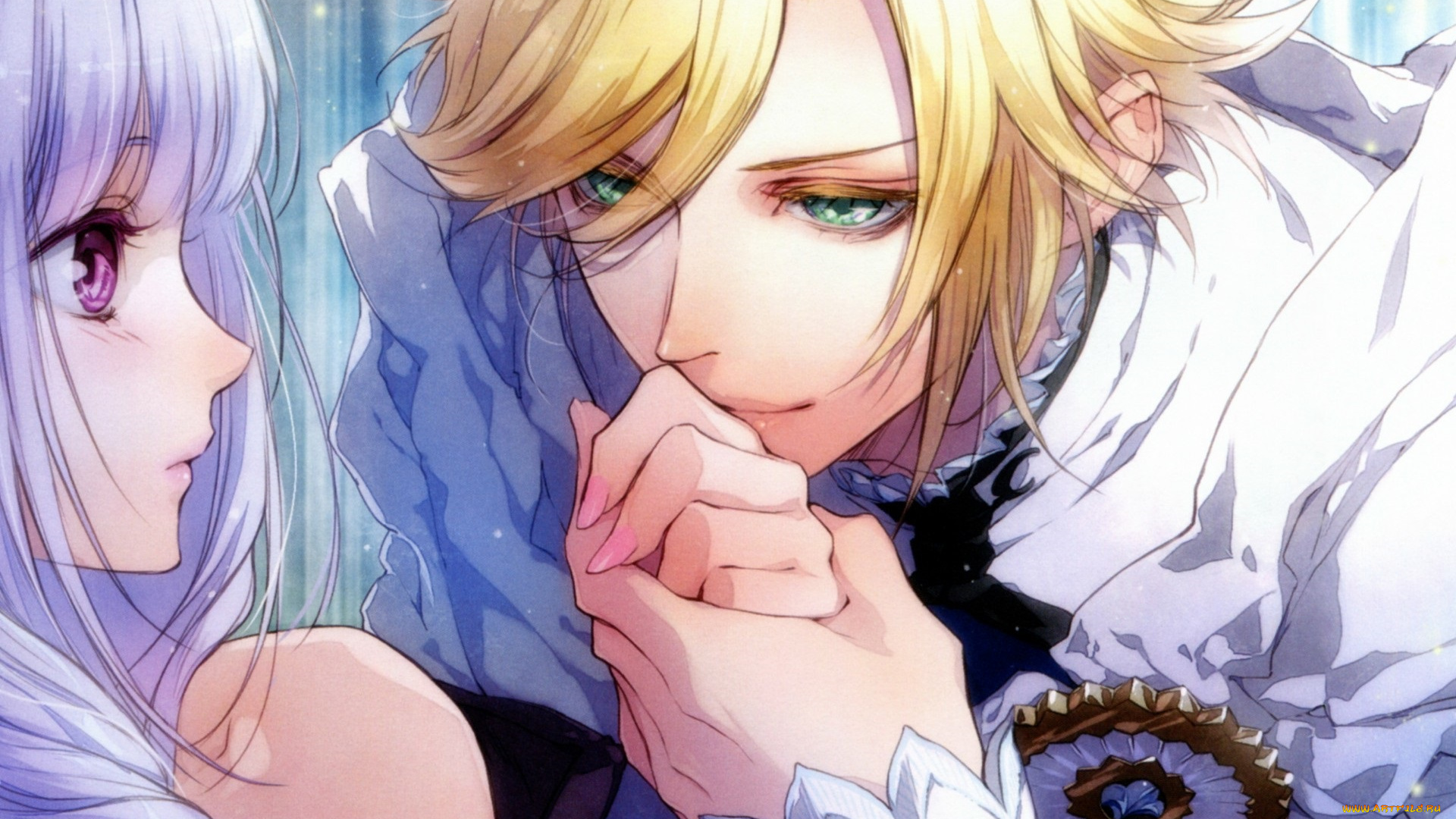 аниме, reine, des, fleurs, двое, руки, взгляд