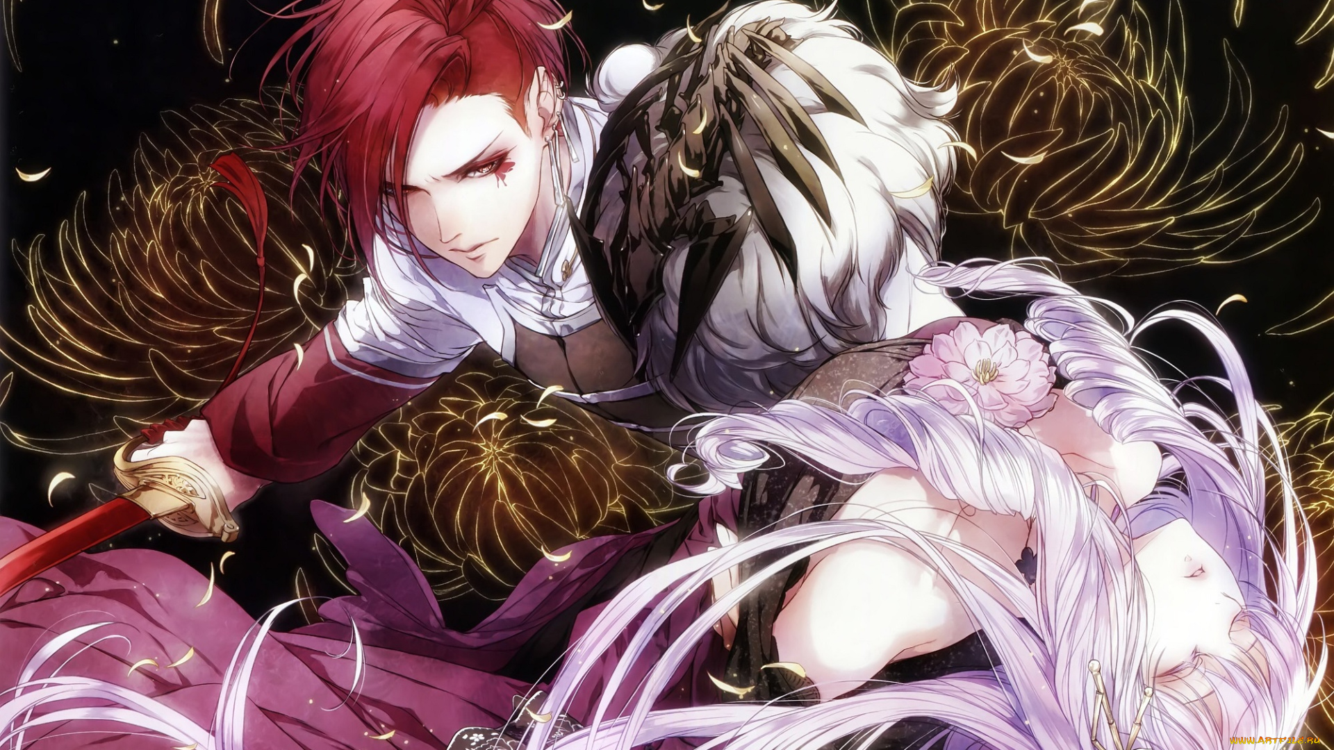 аниме, reine, des, fleurs, reine, des, fleurs, kagerou, usuba, art, ghislain, visual, novel, королева, цветов, violette, сабля, двое, красные, волосы