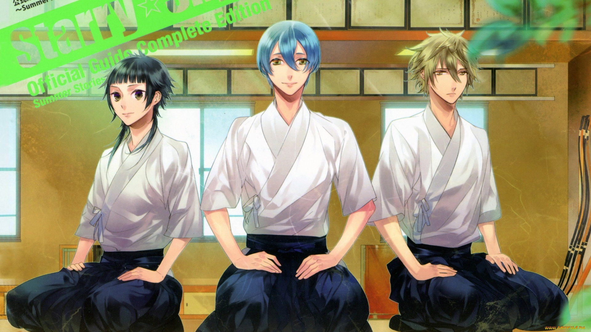 аниме, starry, sky, трое, kazuaki, art, звездное, небо, starry, sky, лук, форма, зал, окно, студенты, ryunosuke, homare, azusa