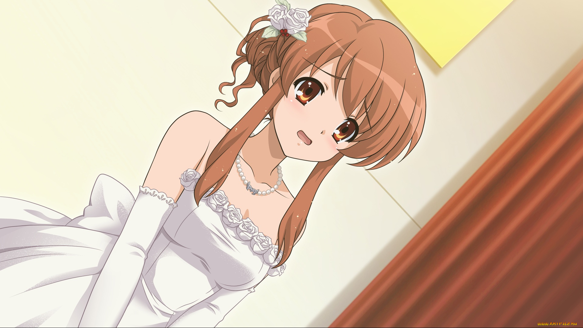 аниме, the, melancholy, of, haruhi, suzumiya, украшение, взгляд, фон, свадебное, платье, цветы, девушка