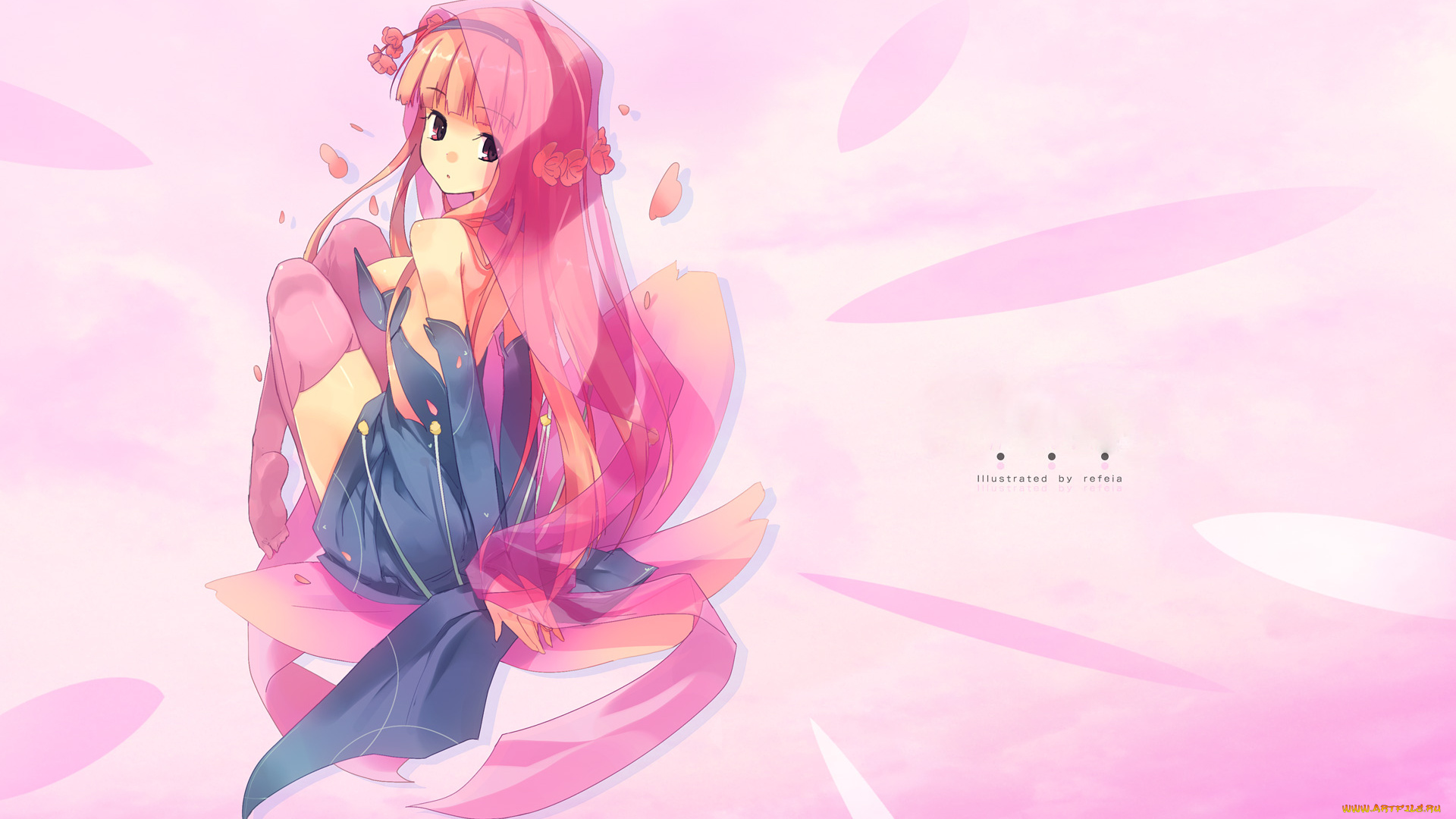 аниме, unknown, , другое, цветы, взгляд, розовый, девушка, арт, фон