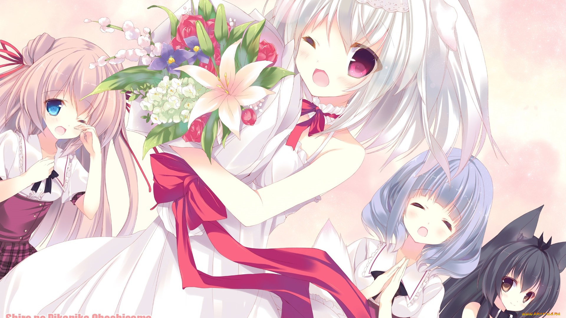 аниме, unknown, , другое, подружки, цветы, свадебное, платье, взгляд, фон, свадьба, девушки