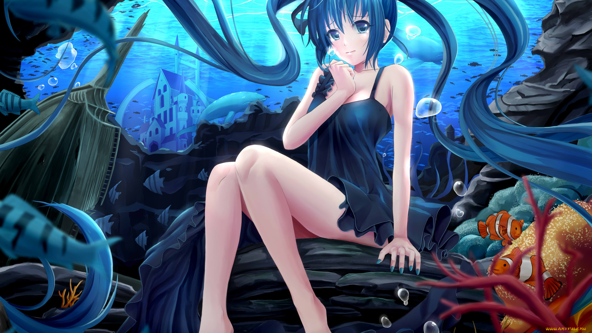 аниме, vocaloid, barefoot, blue, hair, deep-sea, girl, dress, fish, hatsune, miku, jpeg, artifacts, long, rayxray, twintails, underwater, water