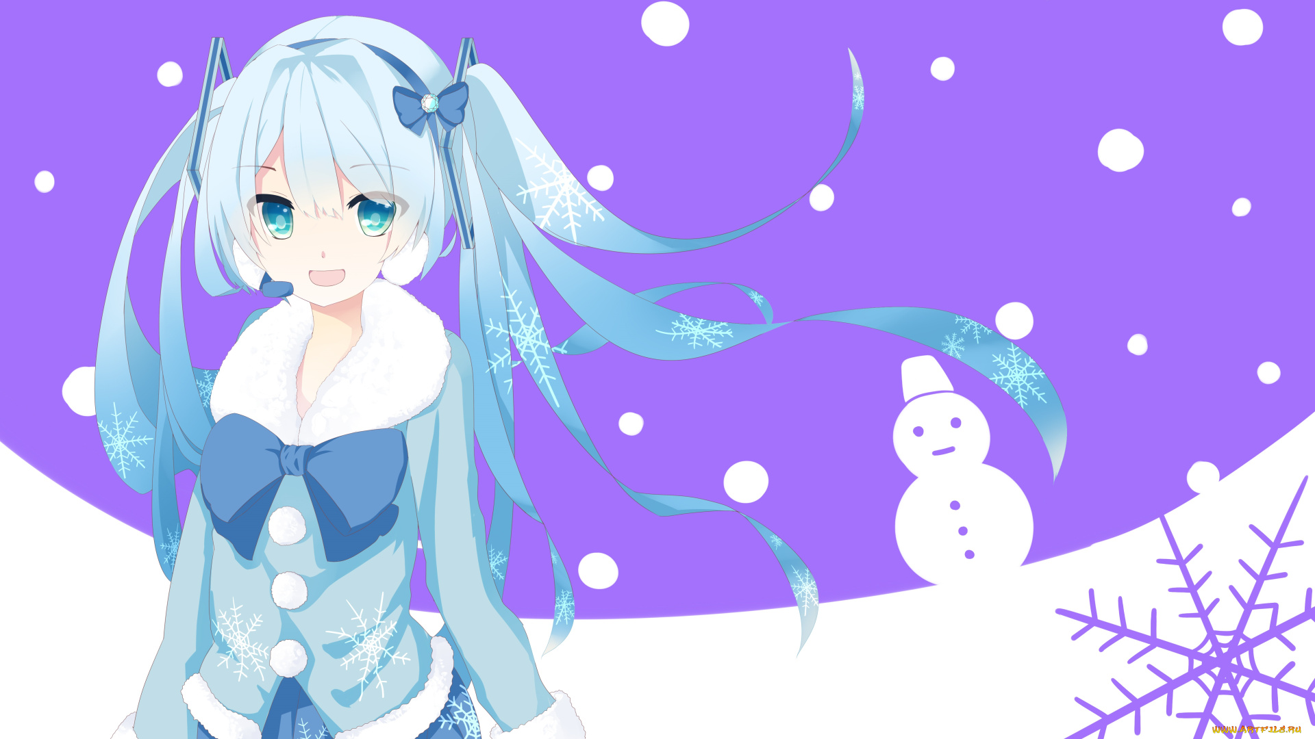 аниме, vocaloid, hatsune, miku, девушка, взгляд, фон, снеговик, зима