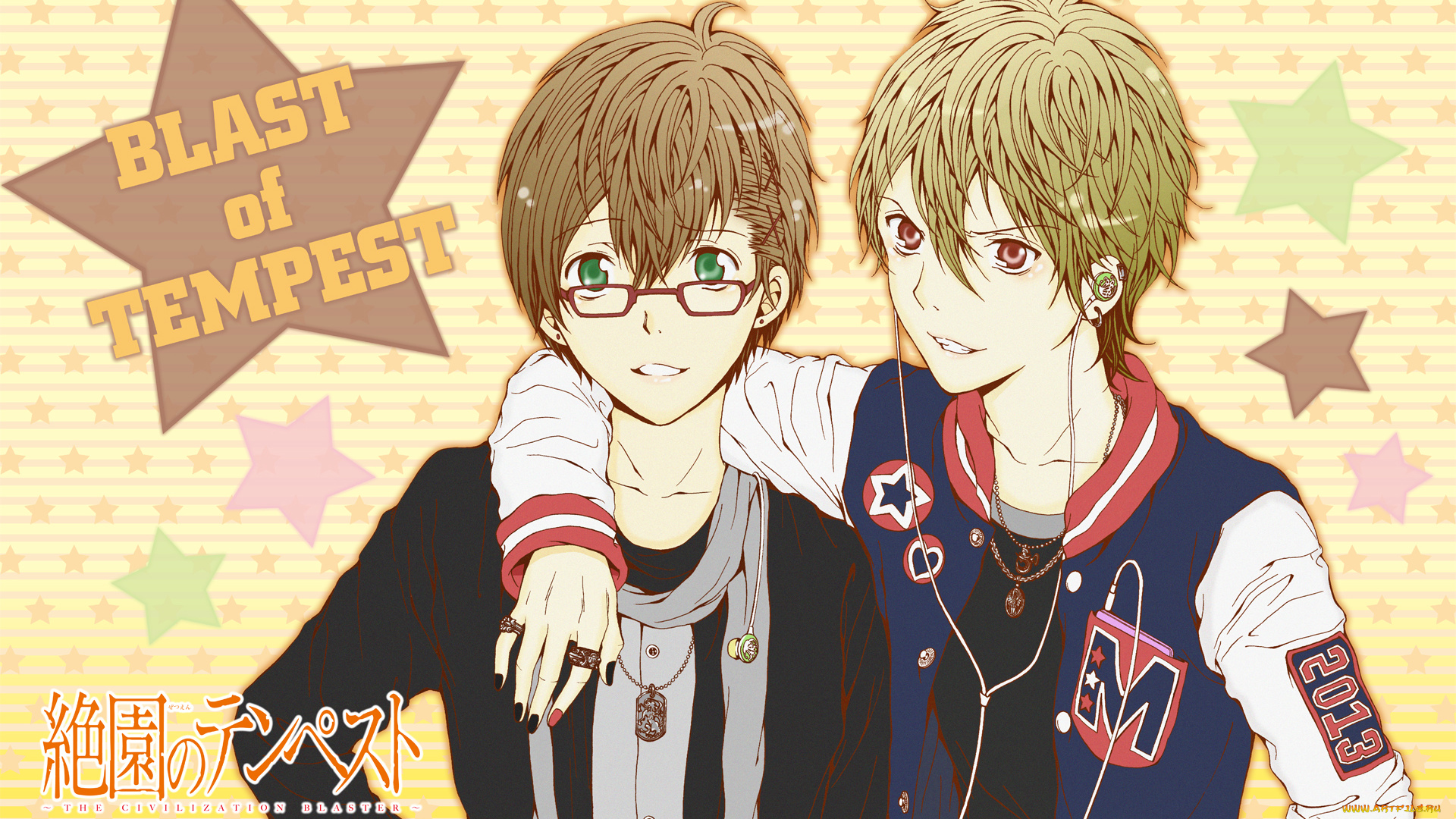 аниме, zetsuen, no, tempest, zetsuen, no, tempest, зеленые, глаза, друзья, звездочки, наушники, очки, ren, saizaki, art, yoshino, takigawa, mahiro, fuwa