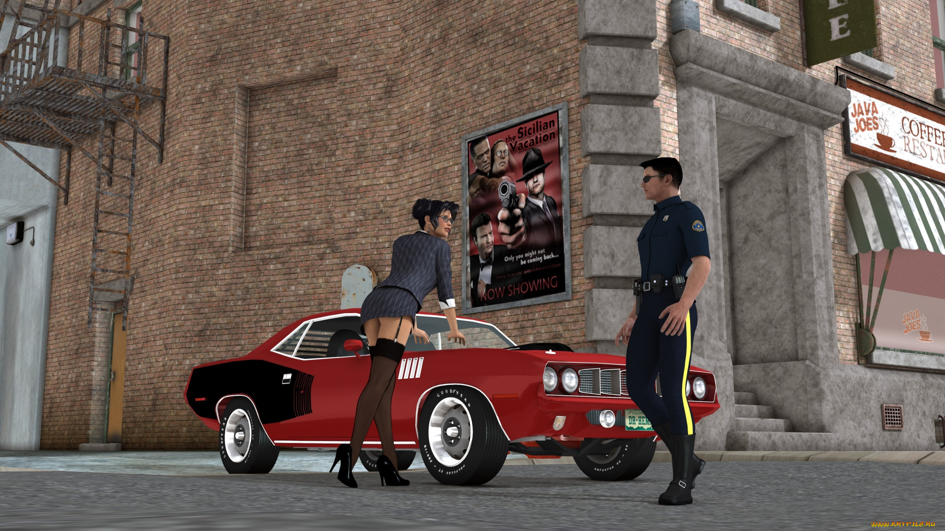 автомобили, 3d, car&girl, полицейский, автомобиль, девушка, фон, взгляд