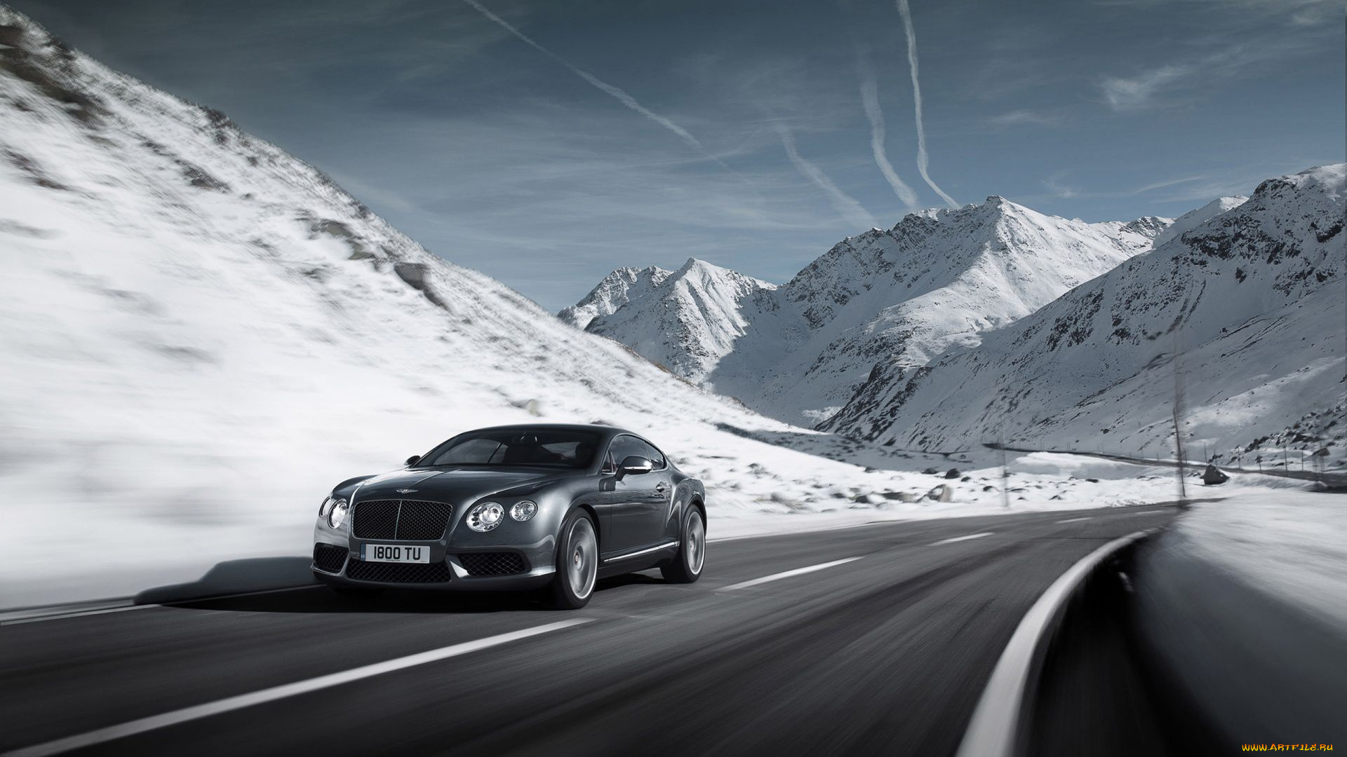 bentley, continental, v8, автомобили, bentley, темный, бентли, шоссе, трасса, дорога, скорость, серый, горы, снег