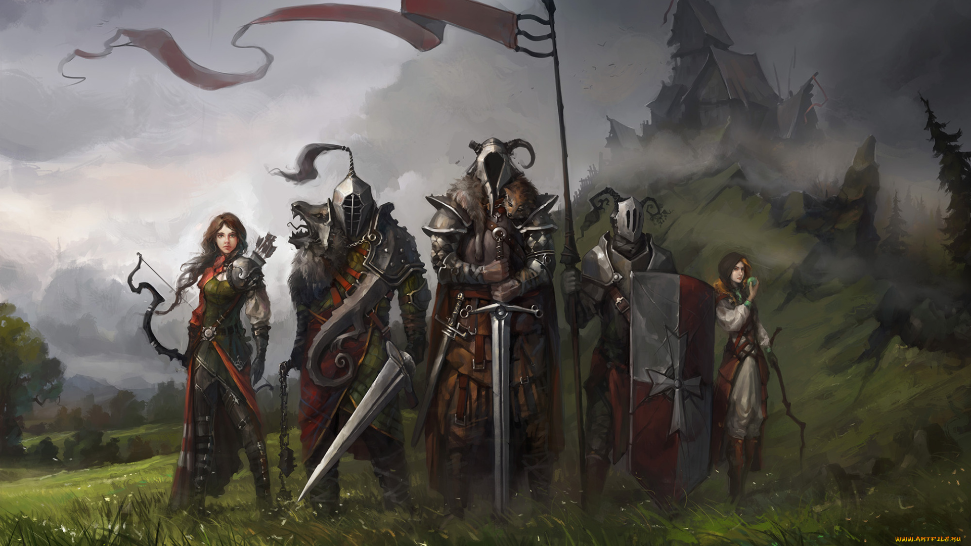 фэнтези, люди, поле, воины, знамя