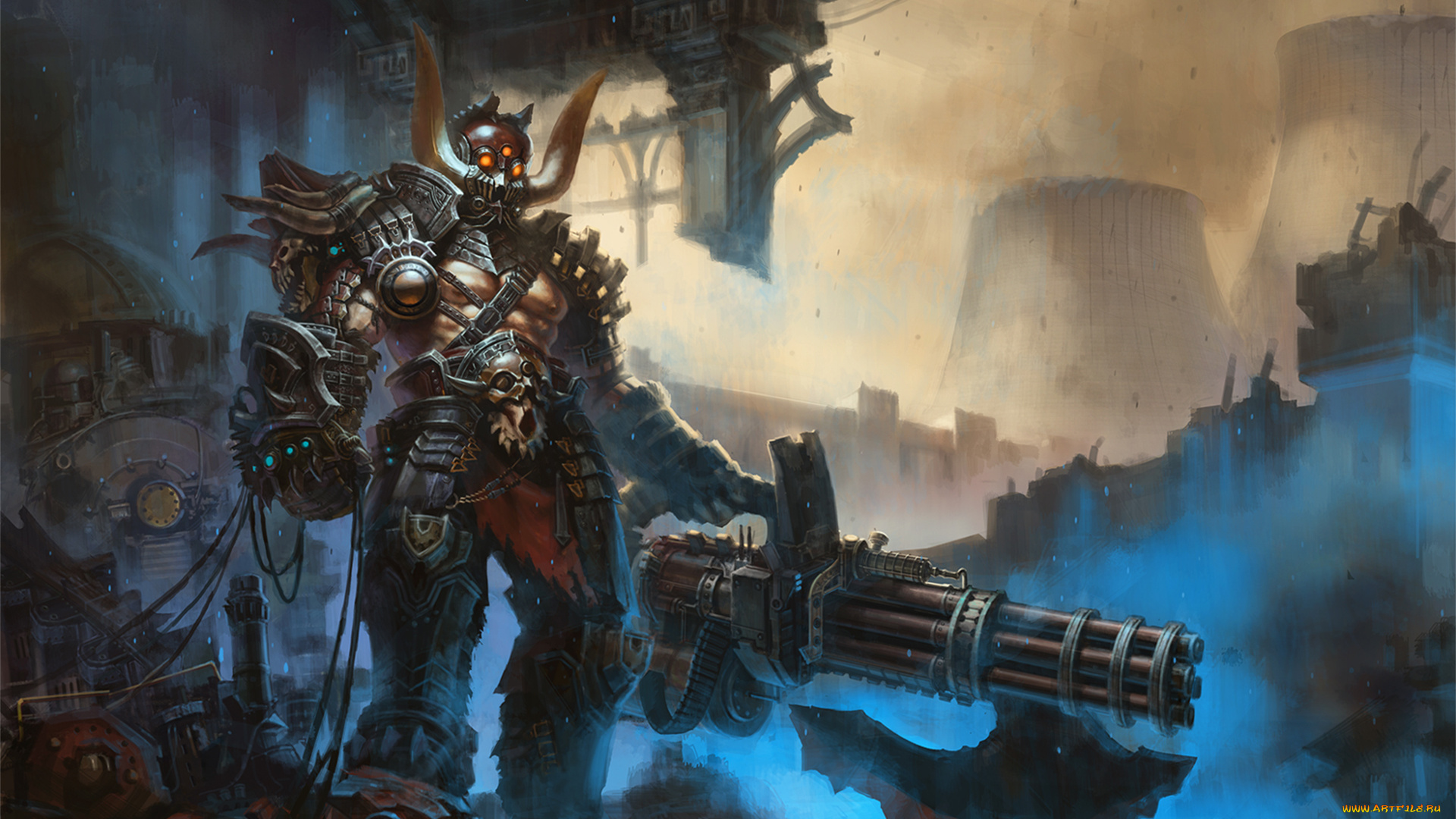 фэнтези, роботы, , киборги, , механизмы, фантастика, пулемет, мужчина, маска, броня, арт