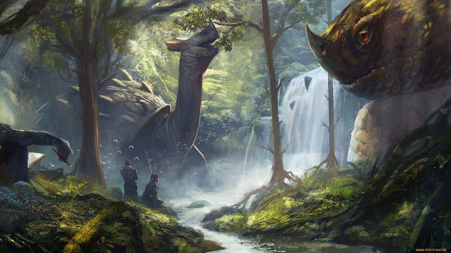 фэнтези, существа, люди, ручей, черепахи, иной, лес, водопад, гигантские, мир