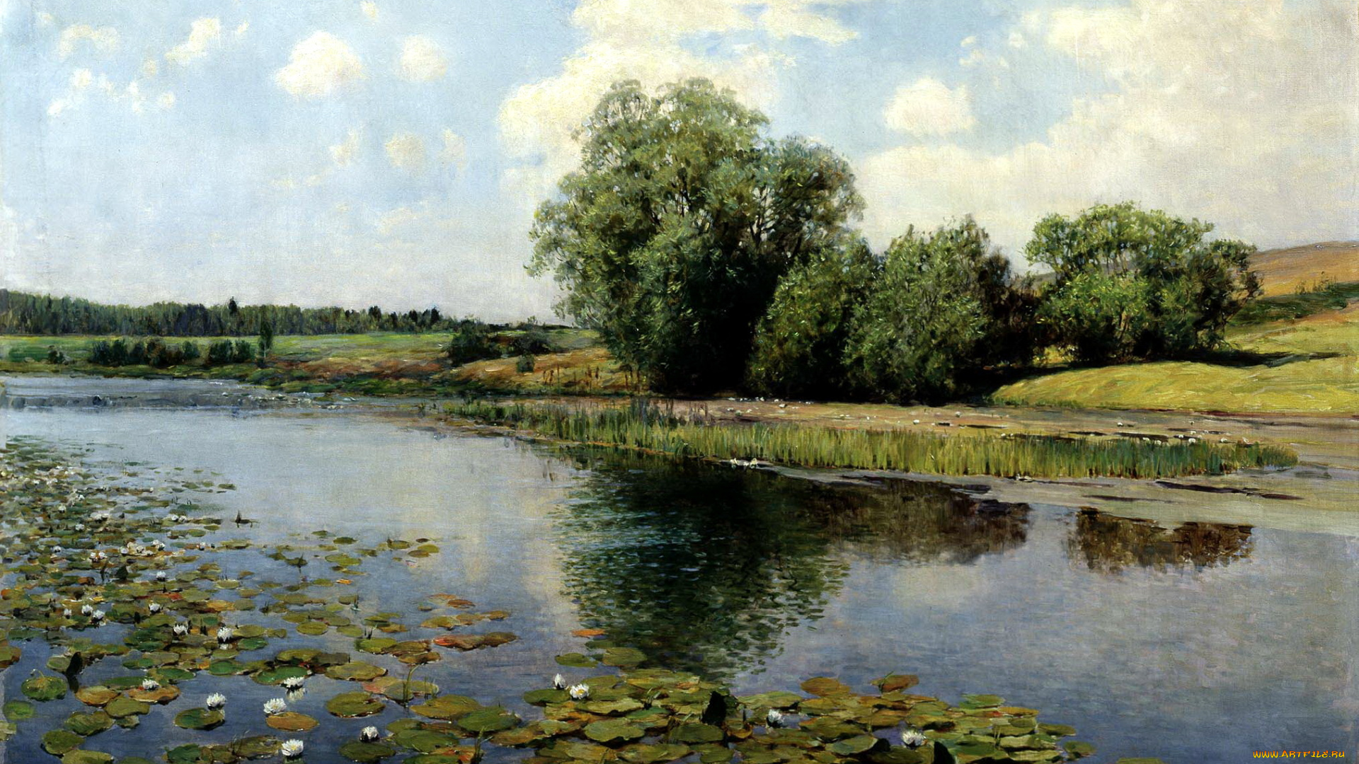 рисованное, илья, остроухов, картина, кусты, кувшинки, камыш, вода, речка, в, полдень, небо, остроухов, деревья