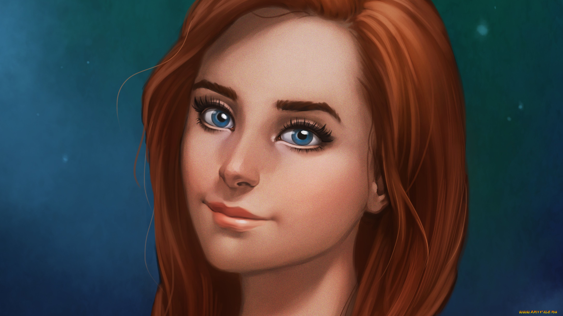 рисованное, люди, ресницы, лицо, девушка, рыжая, фон, улыбка