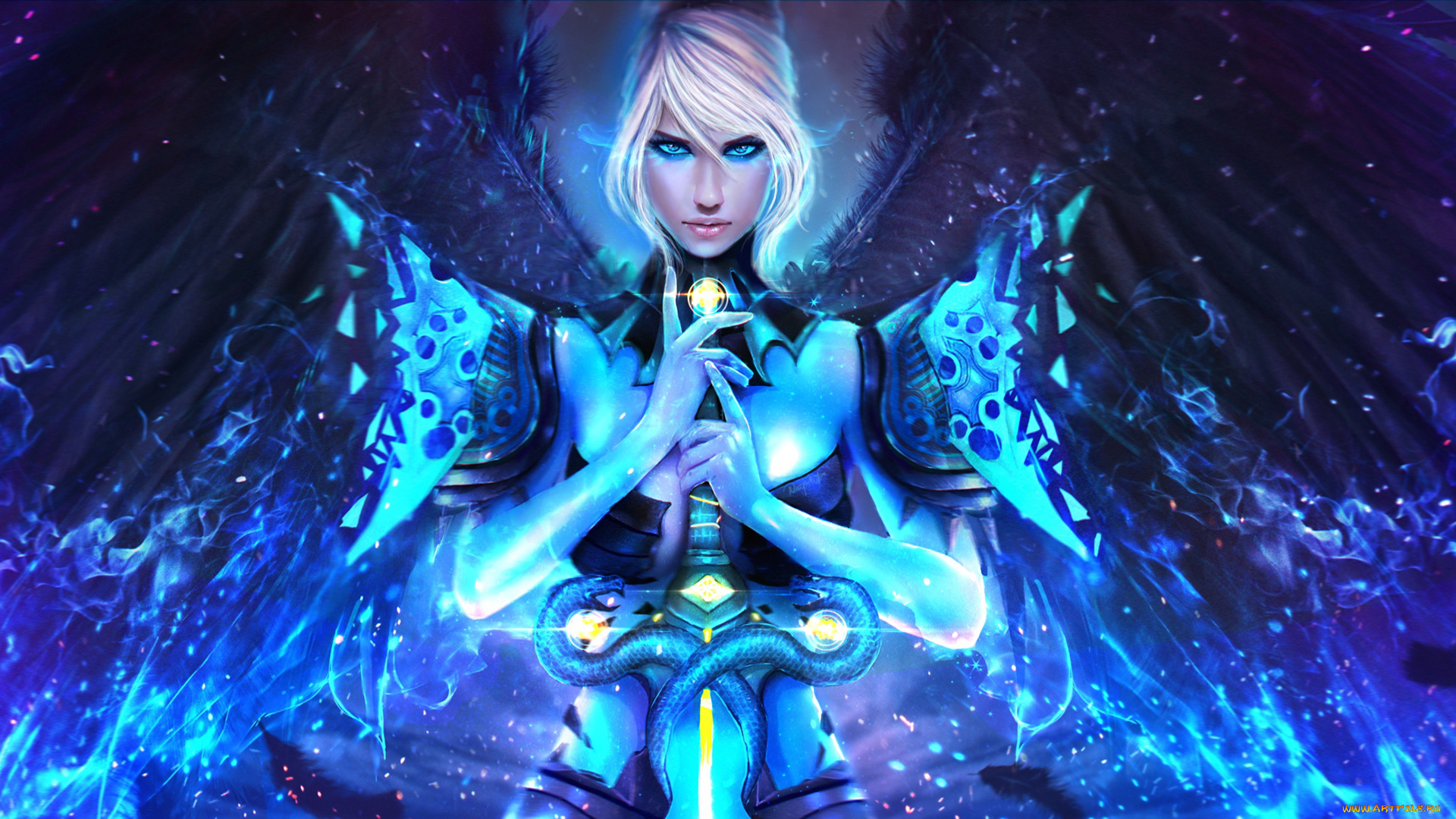 видео, игры, guild, wars, 2, gw2, guild, wars, art, девушка, взгляд, меч, красавица, рукоять, магия, крылья, dragonhunter