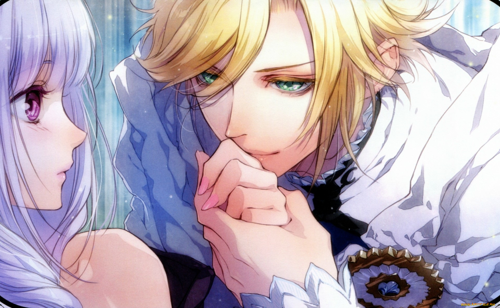 аниме, reine, des, fleurs, двое, руки, взгляд