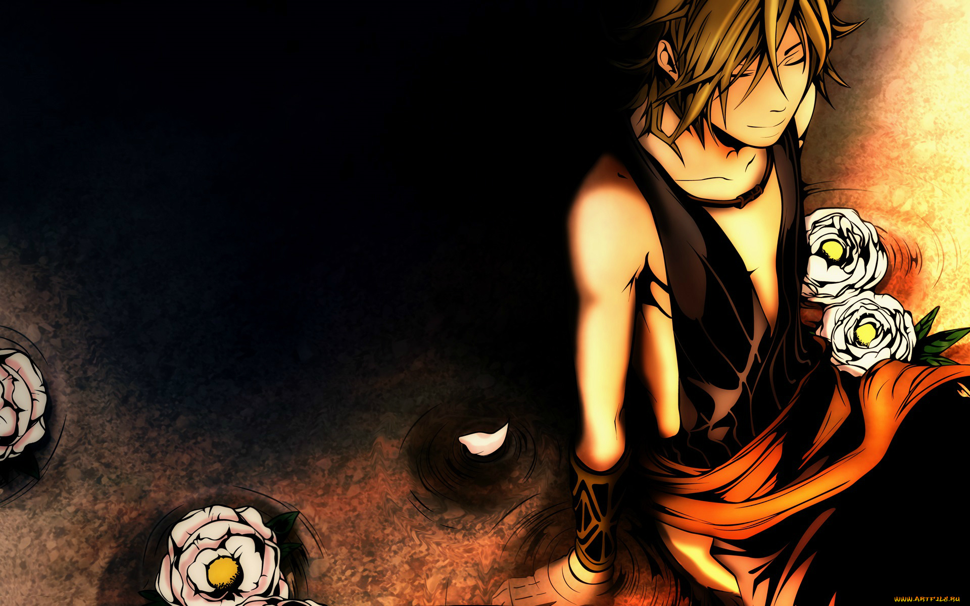 аниме, donten, ni, warau, камелии, парень, hirari, abeno, visual, novel, kemuri, karakara, art, черный, фон, donten, ni, warau