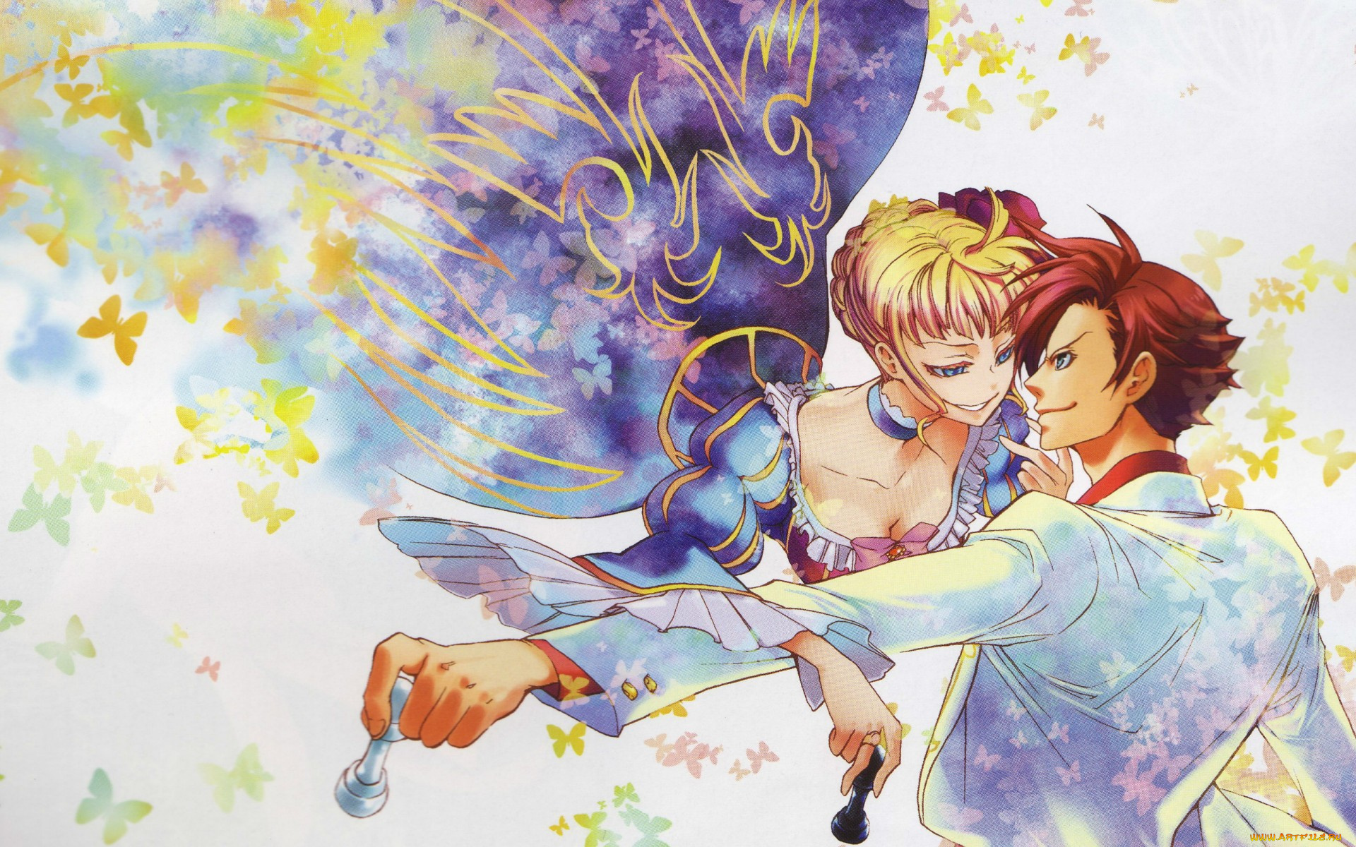 аниме, umineko, no, naku, koro, ni, двое, декольте, шахматы, бабочки, улыбка, когда, плачут, чайки, battler, ushiromiya, beatrice, umineko, no, naku, koro, ni