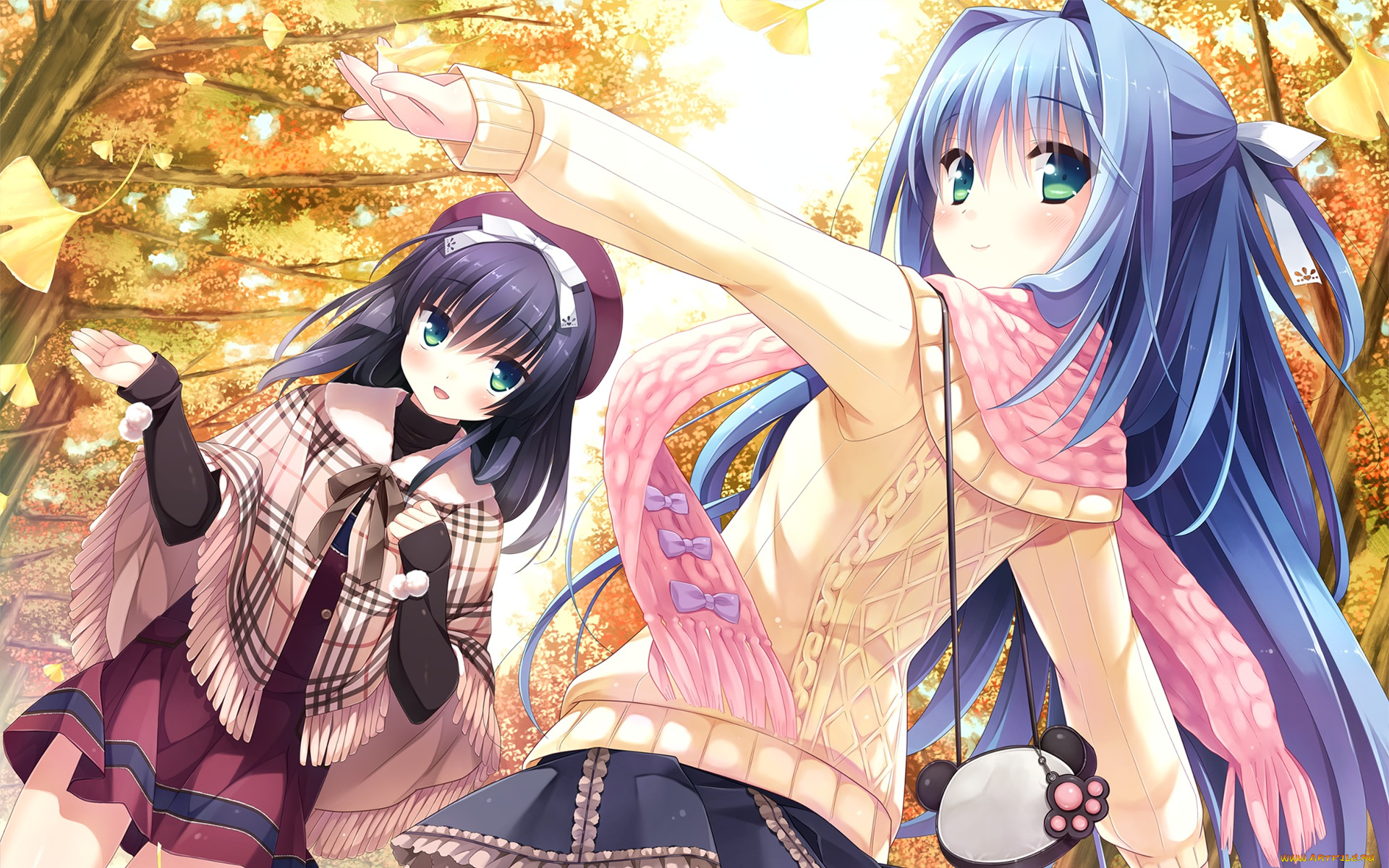 аниме, unknown, , другое, шарф, девушки, листья, осень, прогулка, фон, взгляд, бант