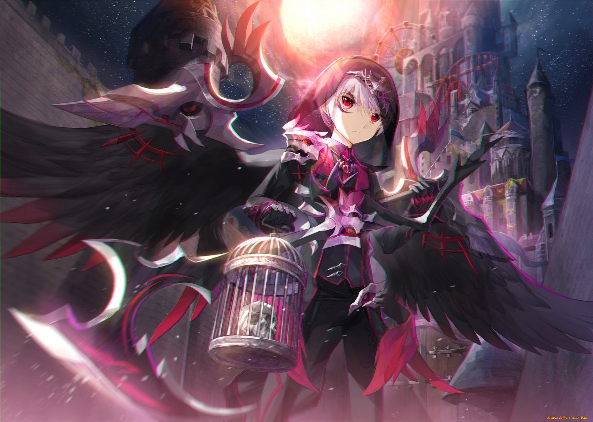 аниме, ангелы, , демоны, луна, капюшон, череп, крылья, клетка, парень, thanatos, elsword, scorpion5050, арт