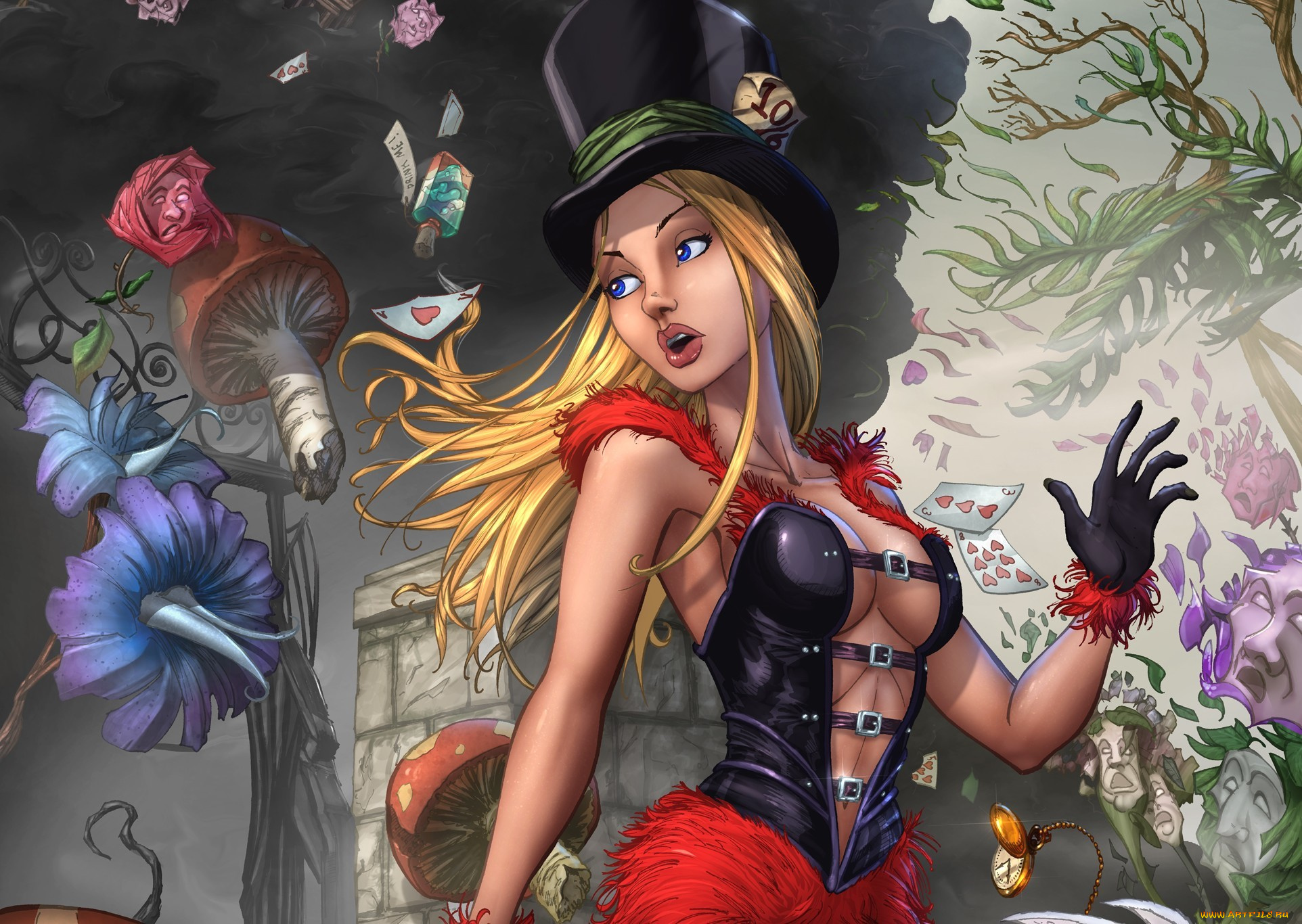 фэнтези, девушки, девушка, алиса, в, стране, чудес, арт, пузырек, карты, грибы, цветы, цилиндр