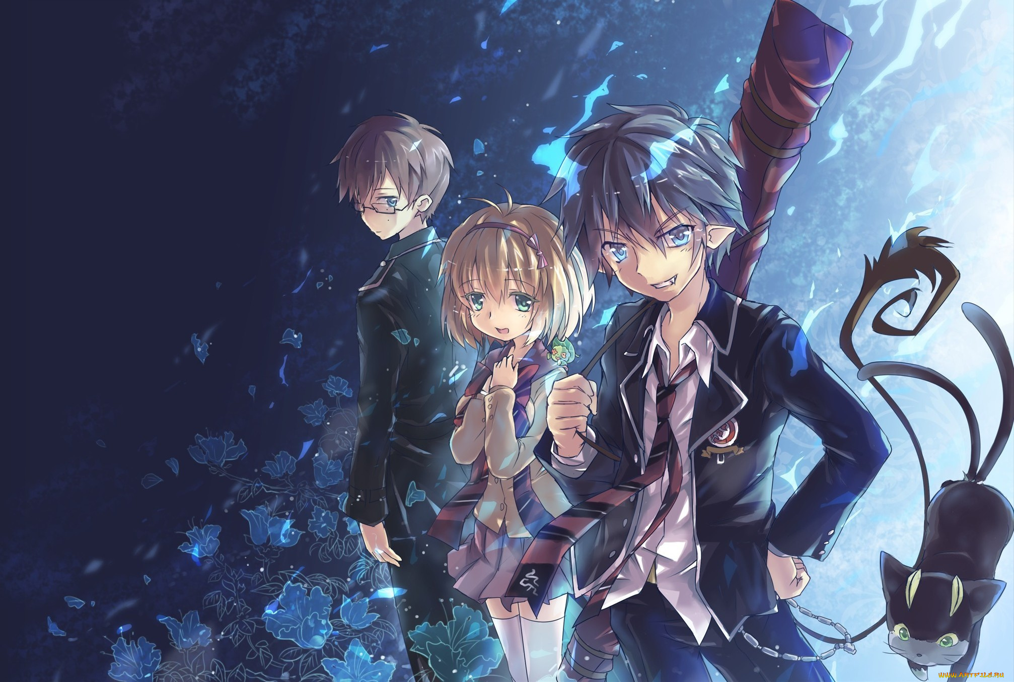 аниме, ao, no, exorcist, девушка, рин, rin, okumura, парни, blue, exorcist, kuro, юкио, окумура, ao, no, moriyama, shiemi, братья, синий, экзорцист, арт, north, abyssor