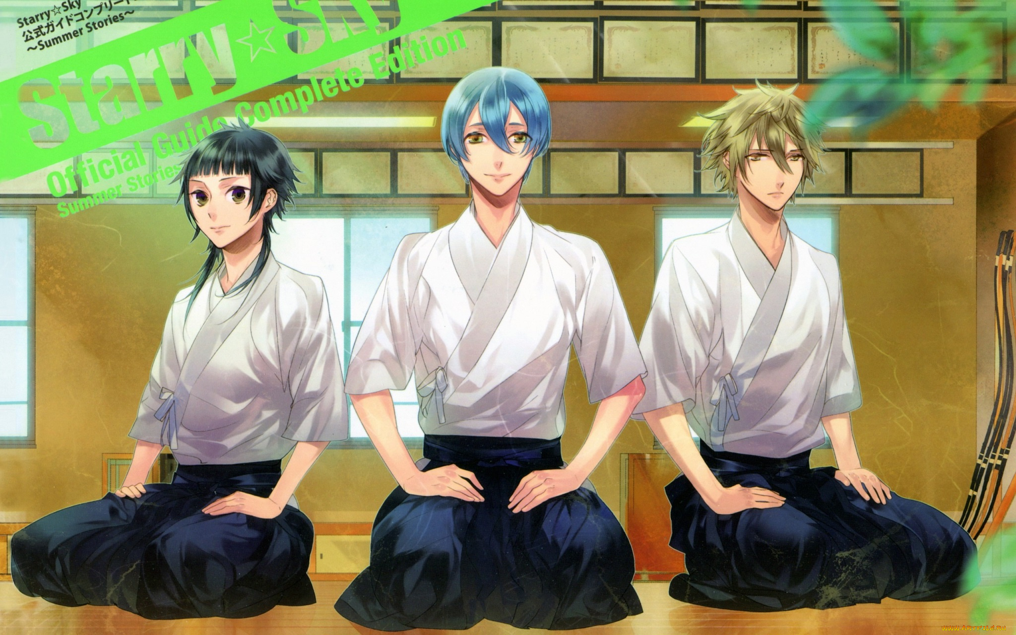 аниме, starry, sky, трое, kazuaki, art, звездное, небо, starry, sky, лук, форма, зал, окно, студенты, ryunosuke, homare, azusa