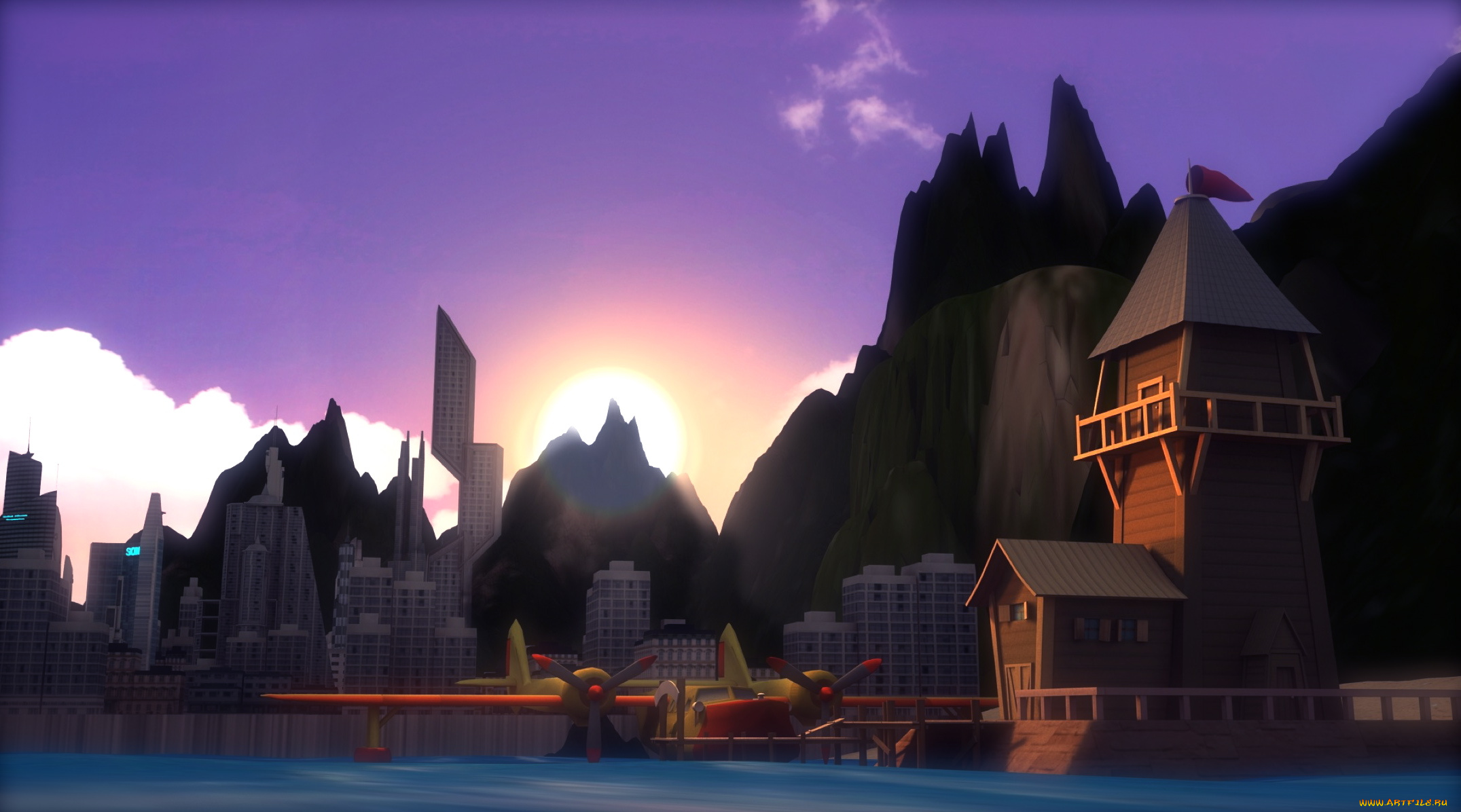 рисованное, города, горы, дома, озеро, самолет