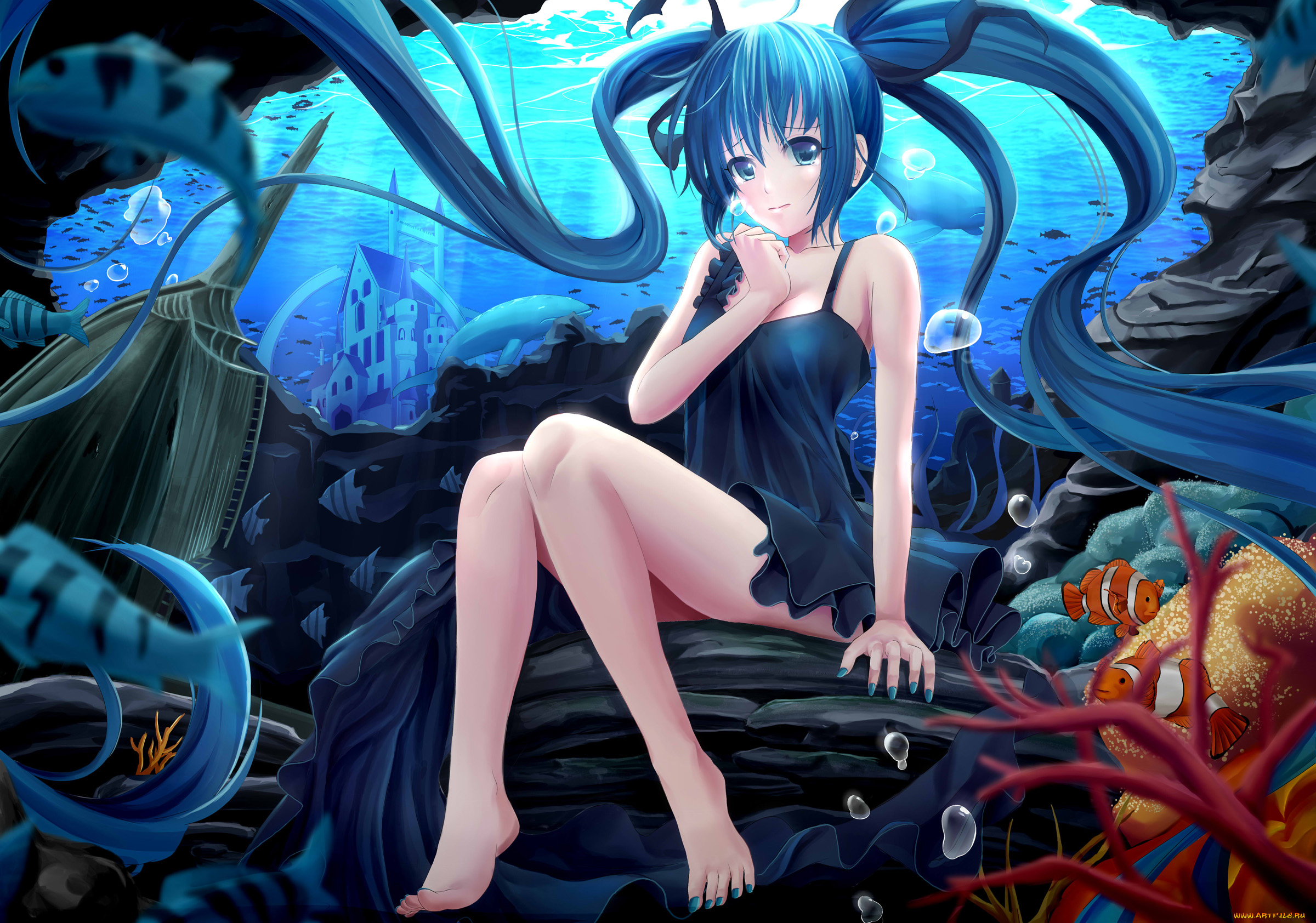 аниме, vocaloid, barefoot, blue, hair, deep-sea, girl, dress, fish, hatsune, miku, jpeg, artifacts, long, rayxray, twintails, underwater, water