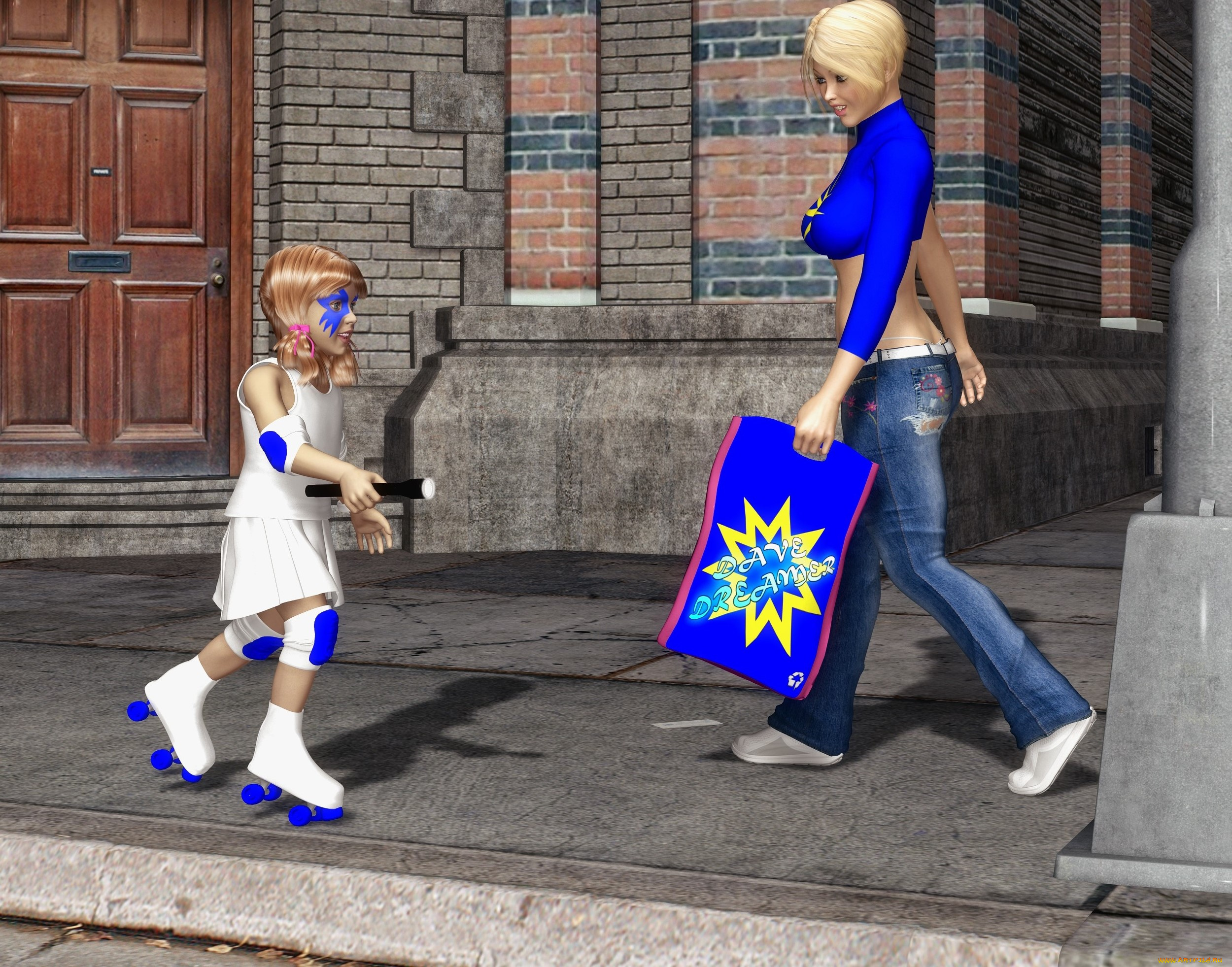 3д, графика, люди, , people, улица, фон, взгляд, девушка, ребенок