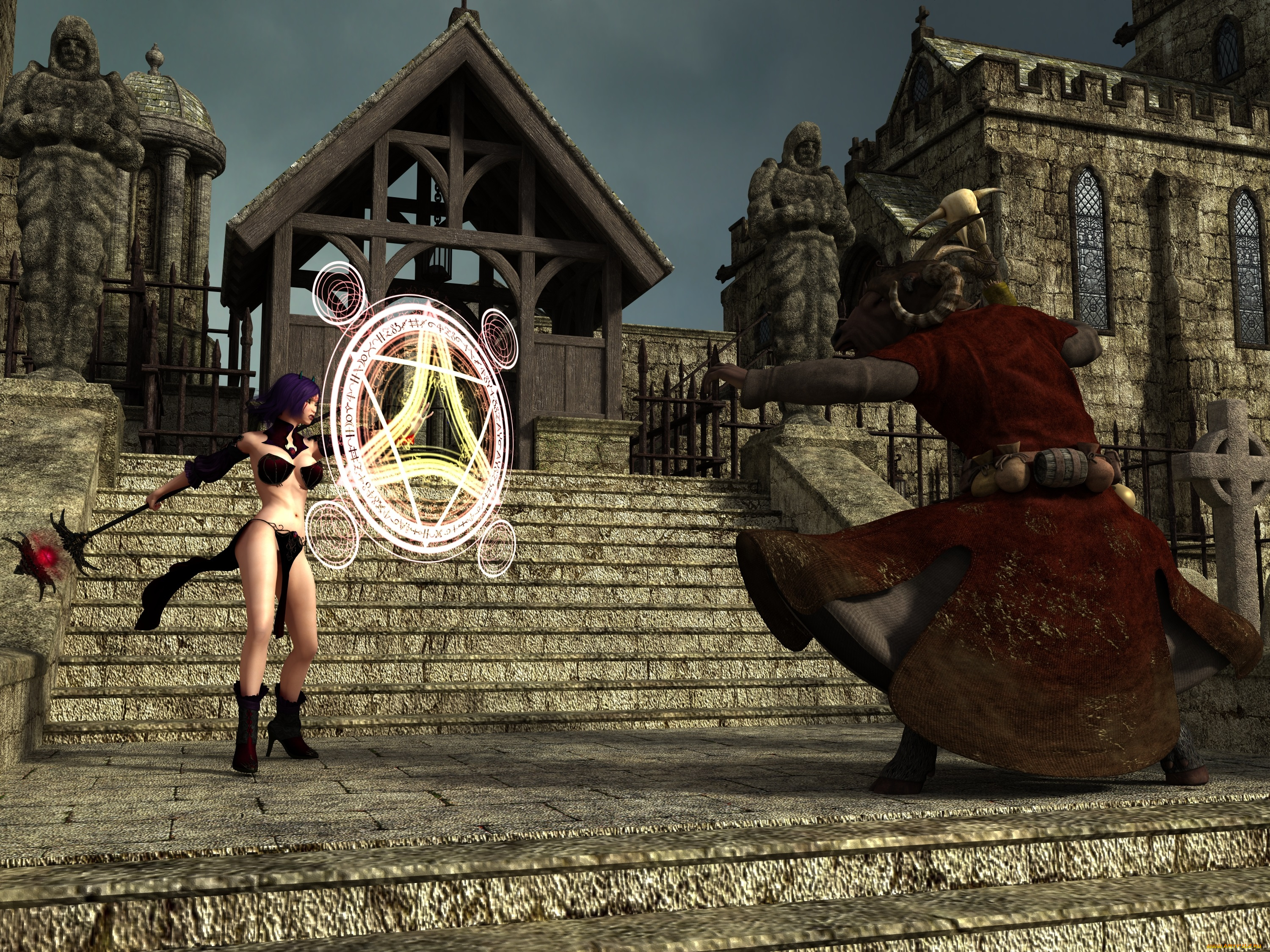 3д, графика, фантазия, , fantasy, фон, взгляд, девушка, замок, кастаника, оружие