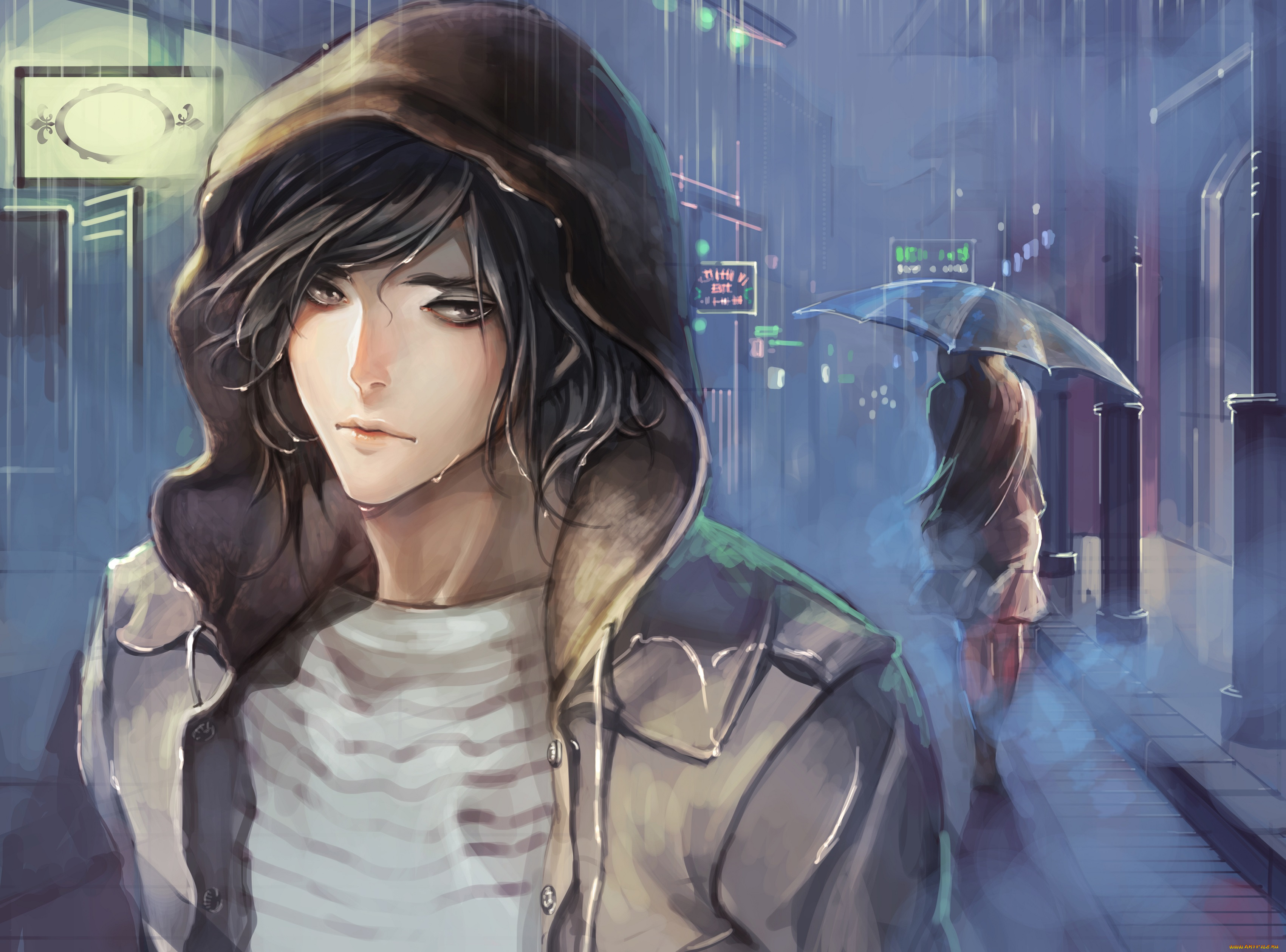 аниме, город, , улицы, , здания, девушка, парень, улица, дождь, зонт, капюшон, арт