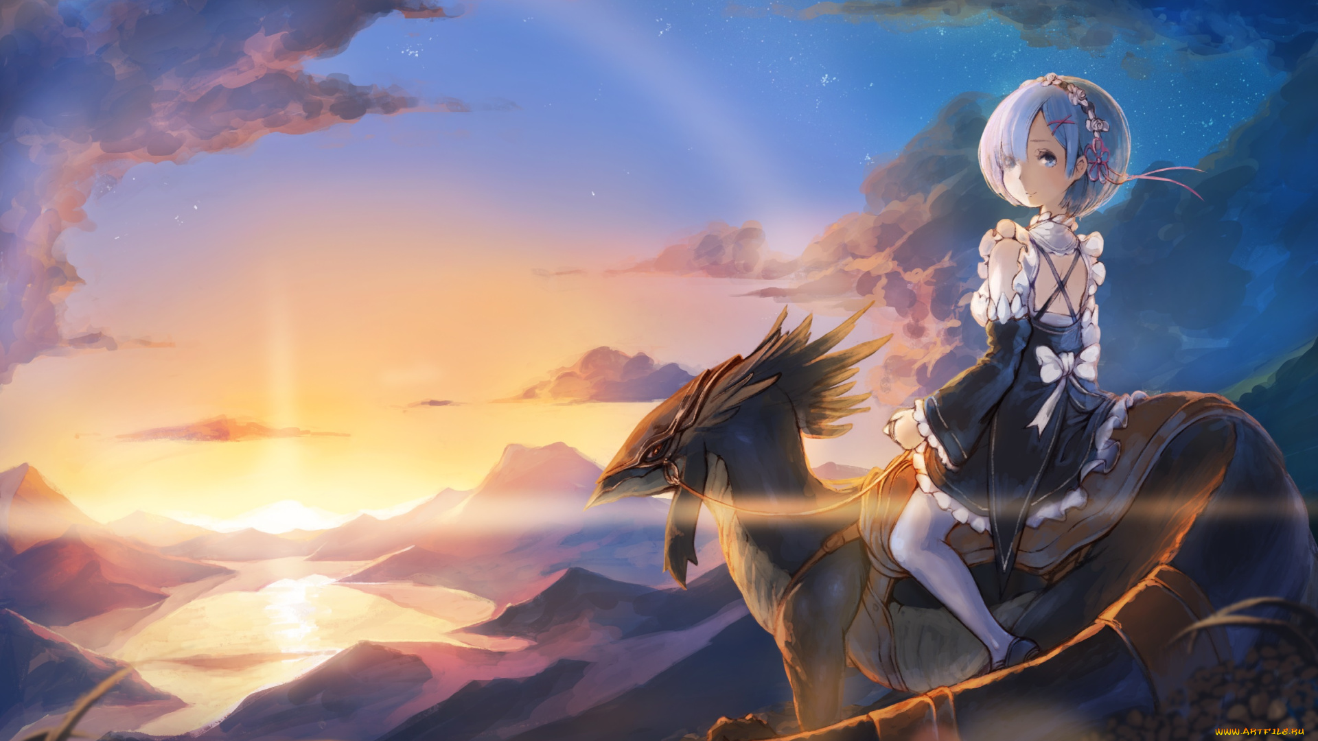 аниме, re, , zero, kara, hajimeru, isekai, seikatsu, закат, дракон, рам