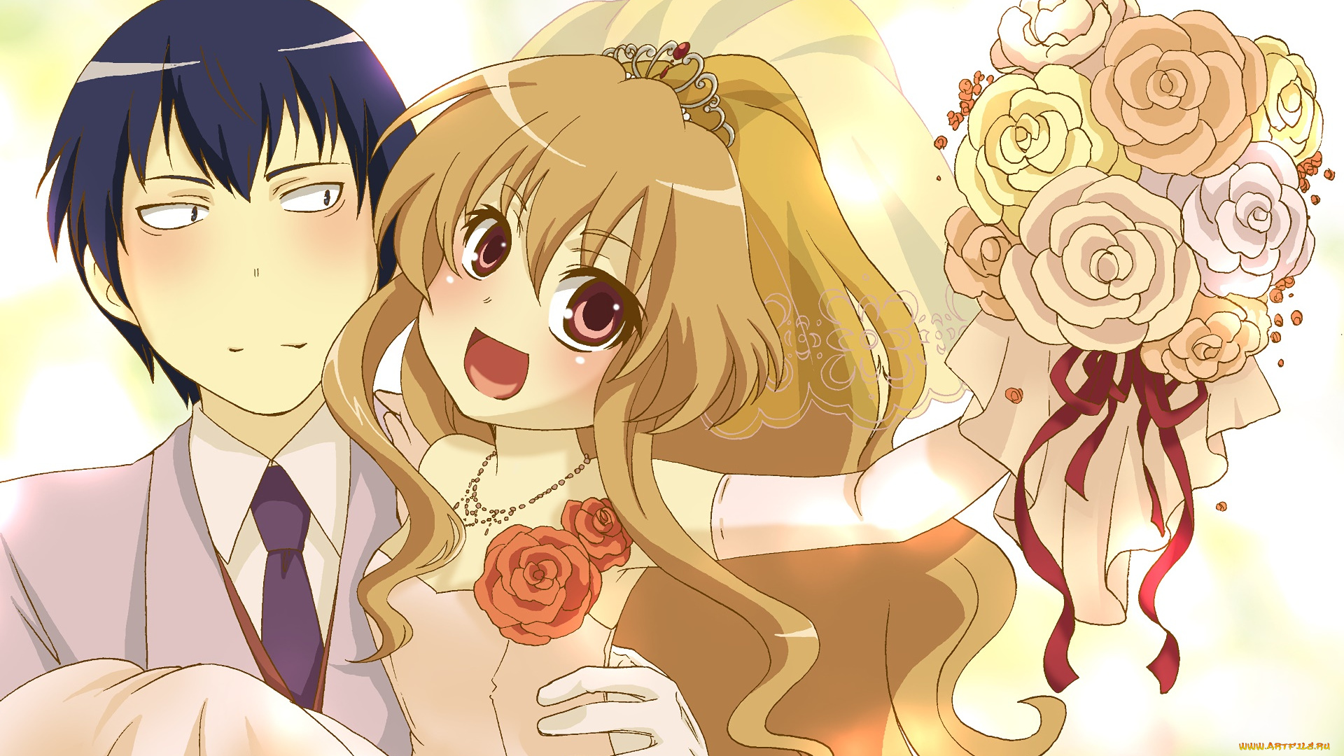 аниме, toradora, девушки, взгляд, фон