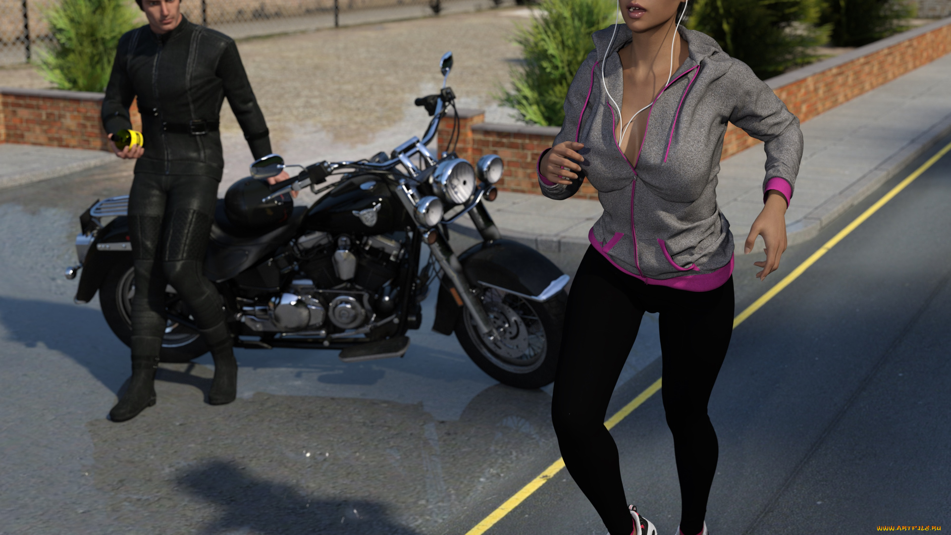 denise, jogging, to, trouble, 3д, графика, фантазия, , fantasy, парень, фон, девушка, взгляд