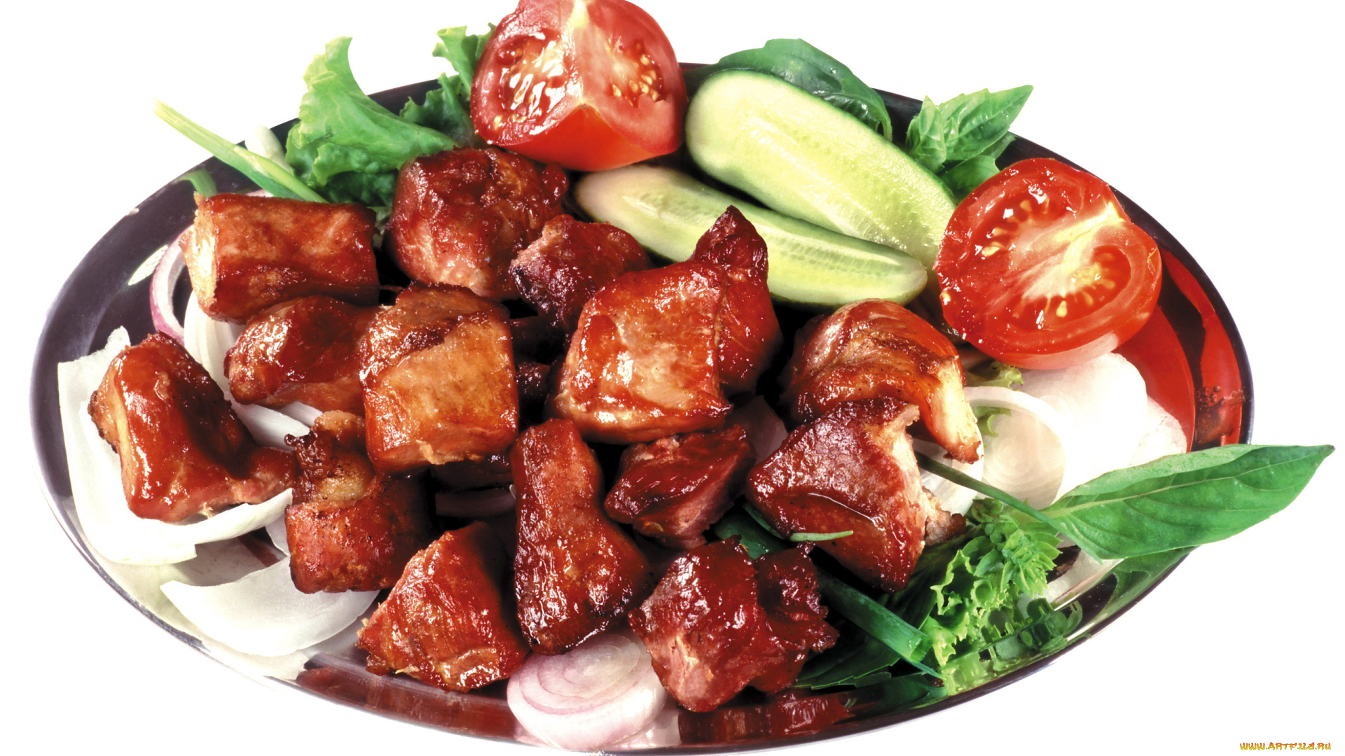 еда, мясные, блюда, огурец, помидор, лук, мясо, кусочки, соус