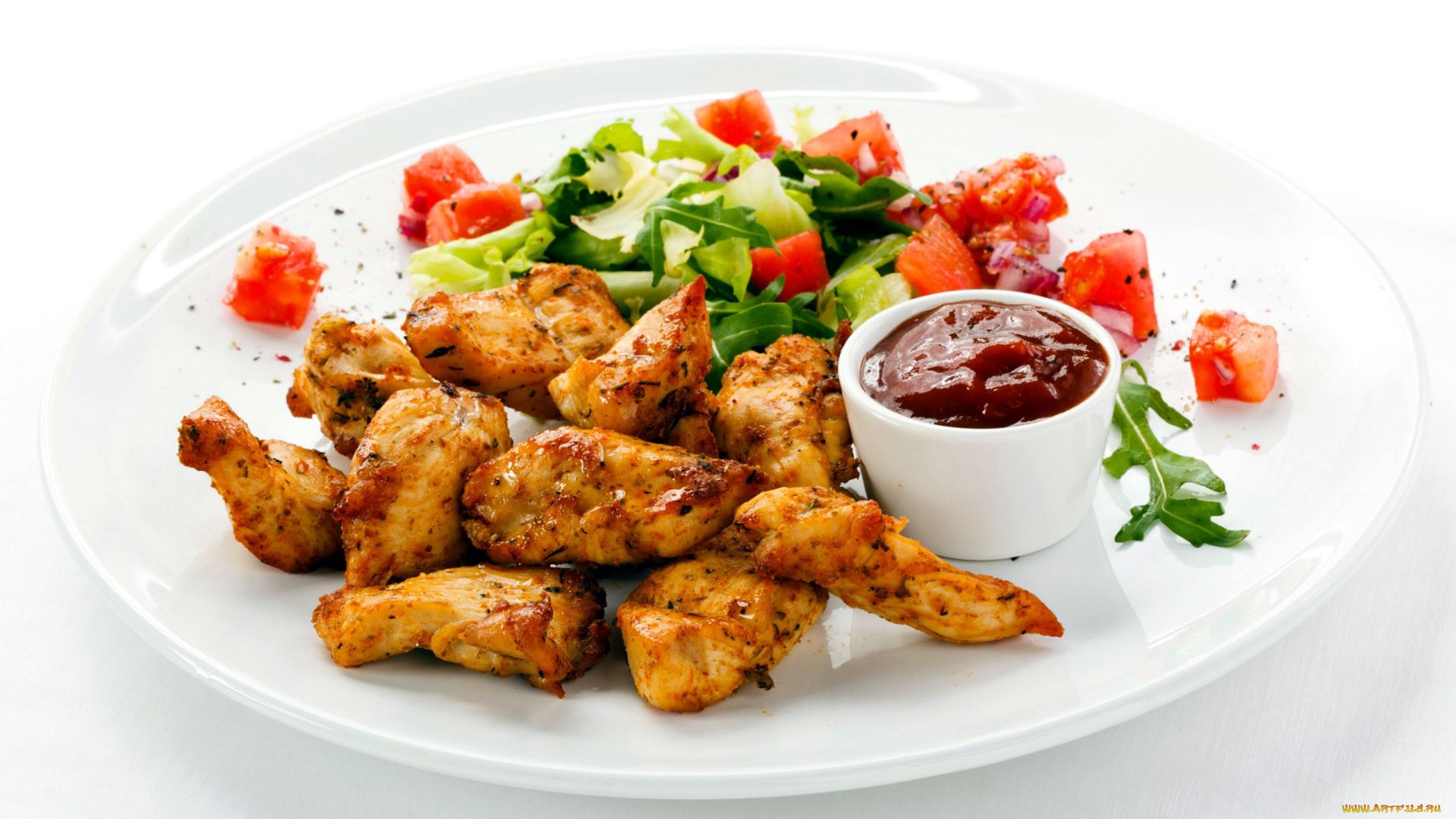 еда, мясные, блюда, салат, кусочки, мясо, зелень, соус, кетчуп