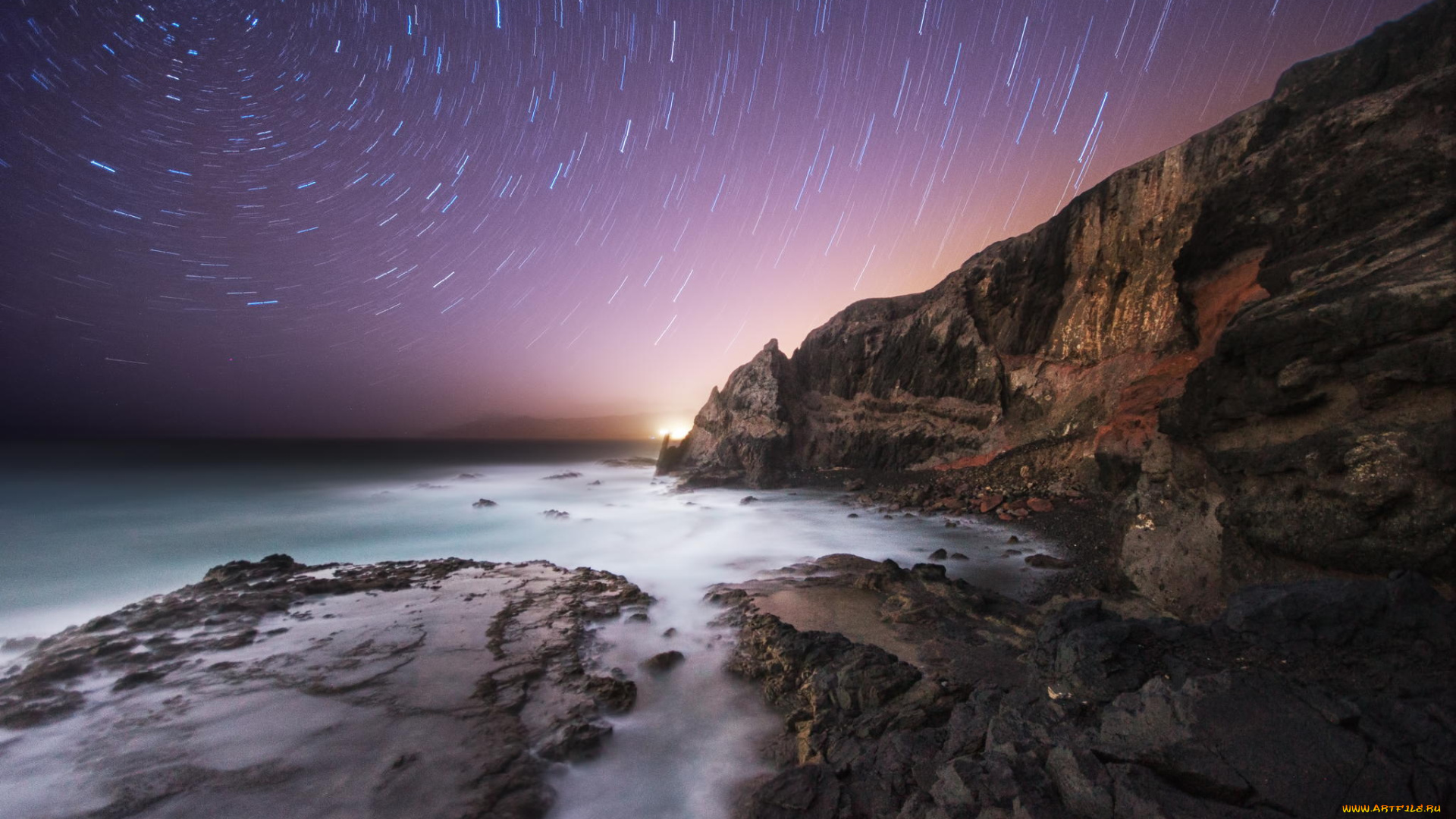 природа, побережье, ночь, море, берег, скалы, звезды, небо