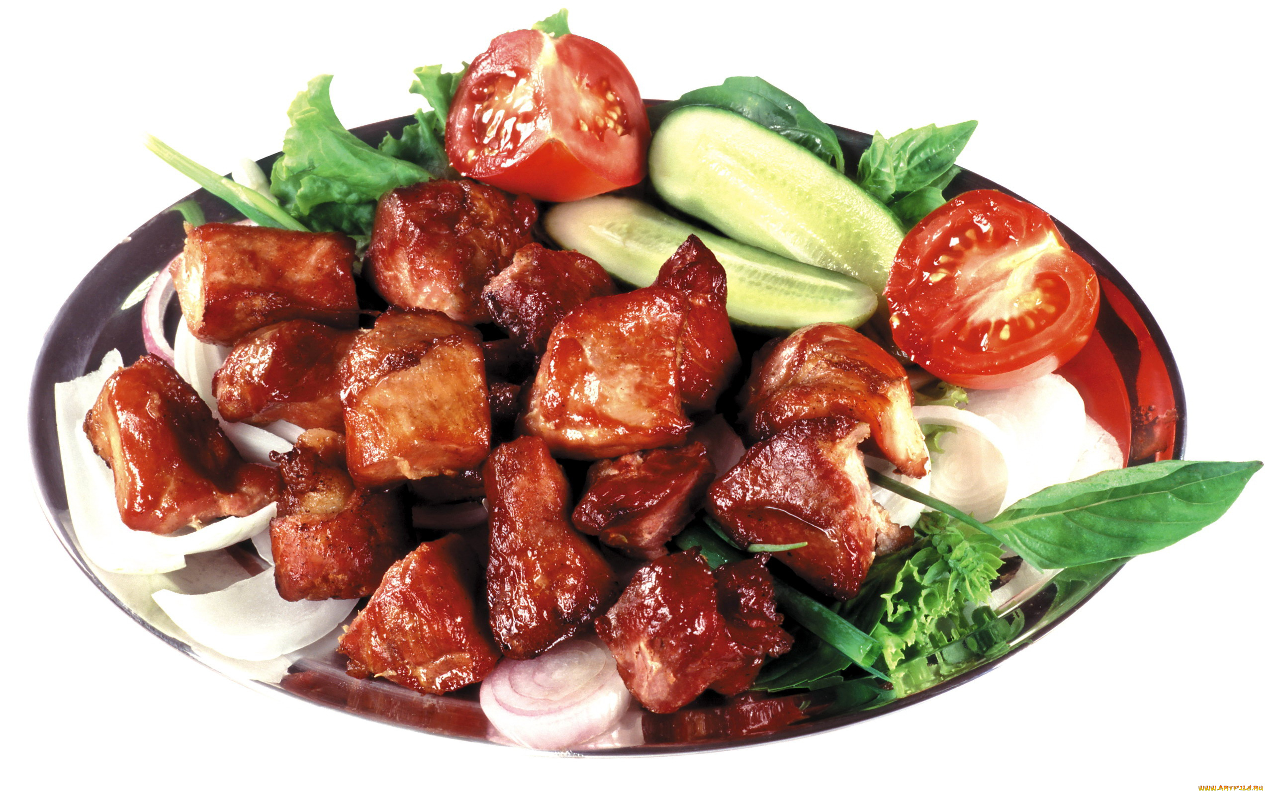 еда, мясные, блюда, огурец, помидор, лук, мясо, кусочки, соус